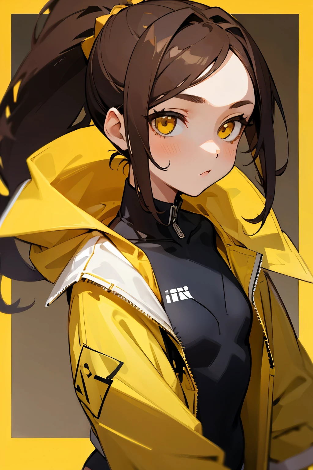 girl, masterpiece, Brown hair, modest chest, Idol, ponytail, yellow eyes, Drooping eyes, swimsuit, Jacket, wearing.
