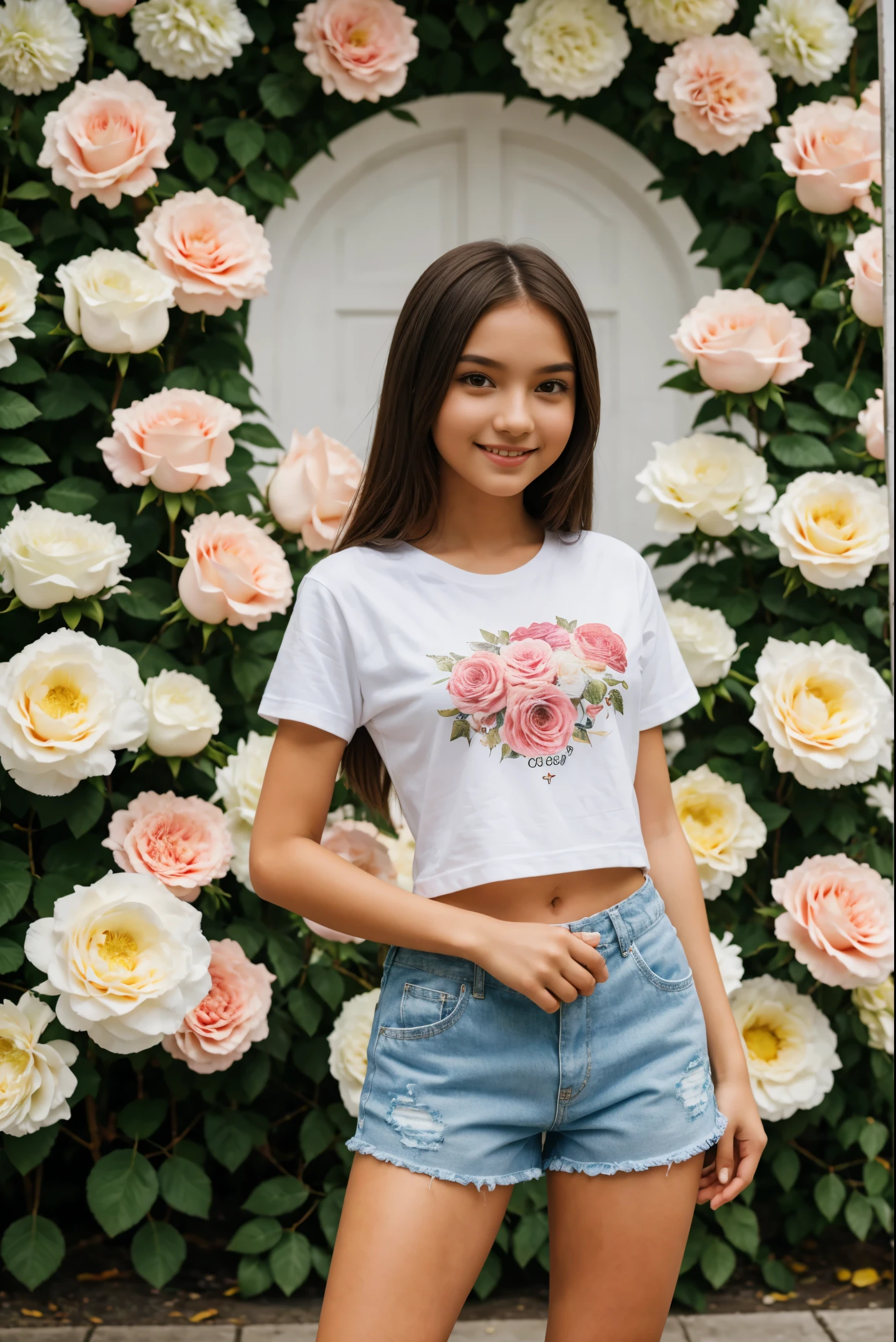 masterpiece, a young beautiful girl, smile, looking at camera, Stand in front of a mass of roses, Wearing shorts and T-shirt, white sneakers. Wearing tops and shorts, flowers, full body photo, casual pose, thin legs