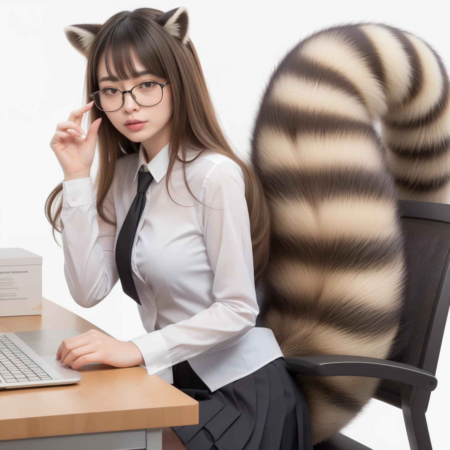 A woman holding glasses stares in amazement at a raccoon dog&#39;s tail that suddenly grows., A woman wearing a pleated miniskirt with a raccoon anal tail, anthropomorphic raccoon, beast, Reality, photograph, highest quality, Her pleated miniskirt is flipped up and her anal tail is visible.:1.5 ,Reality anal tail, small breasts, slender, white panties, anal tail, bushy tail, realistic tail, High floor office in Tokyo, flat chest:1.9, troubled look, look at the tail from the side