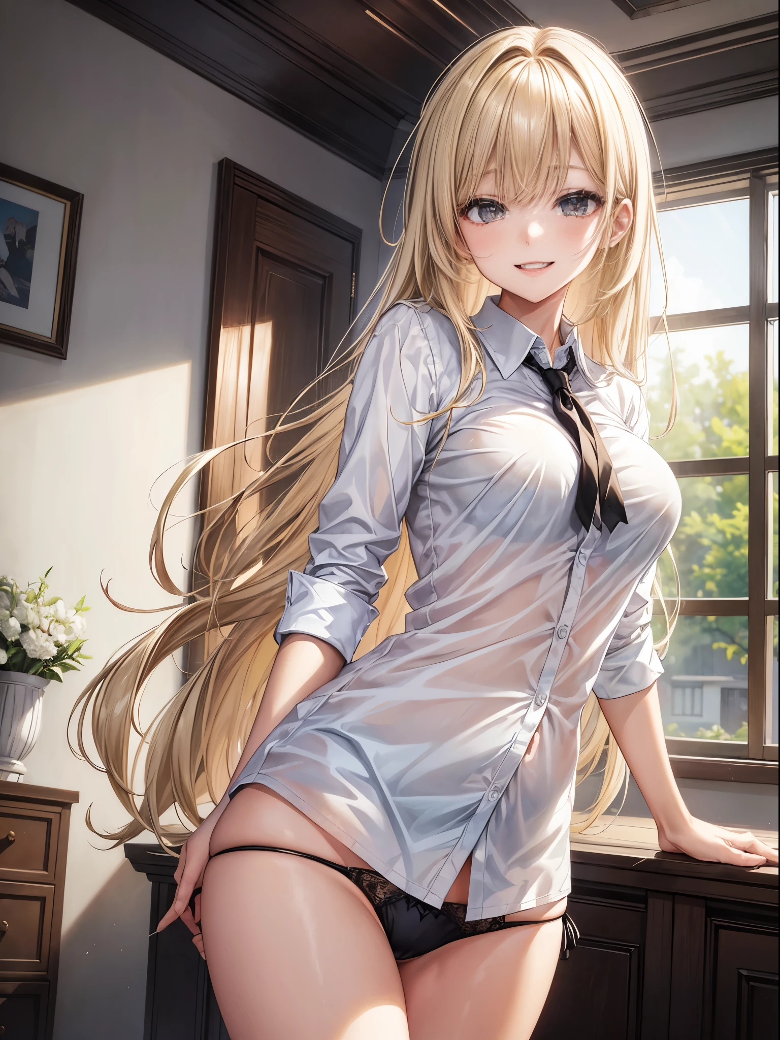 top-quality、Full limbs、complete fingers、One beautiful woman、Beautiful Large Breasts、((straight haired、blondehair))、((White collared shirt、Ha  just、Black panties))、A big smile、Living room at home、 standing、sexypose