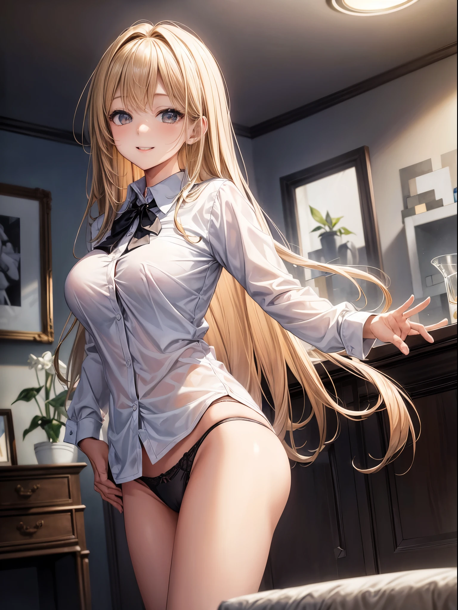 top-quality、Full limbs、complete fingers、One beautiful woman、Beautiful Large Breasts、((straight haired、blondehair))、((White collared shirt、Ha just、Black panties))、A big smile、Living room at home、 standing、sexypose