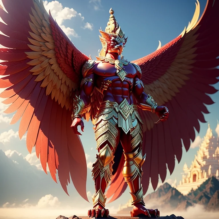 (Garuda 1, Garuda male human form) Red eyes, red body with muscles. Best anatomy: Red Garuda, Red Feathered Garuda, Big Red Winged Garuda. perfect wingspan Wear jewelry made from gold with Thai patterns. Gold jewelry decorated with diamonds on Garuda's head Wearing Thai cloth pants, Thai silk, red Thai pattern. Hands on hands and legs look like perfect birds. Hands, legs, feet are perfect. Stand on the ground, look straight, stand fully. The skin is the most detailed. The skin is red. The red feathers are the most detailed. Red eyes, best detail The best anatomical details, details, cloth, accessories, Thai warrior armor. Best Metal Details Best Weapons Best Weapon Details (Special details Masterpiece quality Realistic Photos(Ultimate Realistic Photos 8k,16k,32k) Maximum realism and best lighting details. Best light quality, best shadows World class photography studio (Best close-up view)(The backdrop of the Thai temple castle is extinguished with gold, silver, emeralds, diamonds, perfect. The background is sky, clouds, fog. It feels natural and realistic))