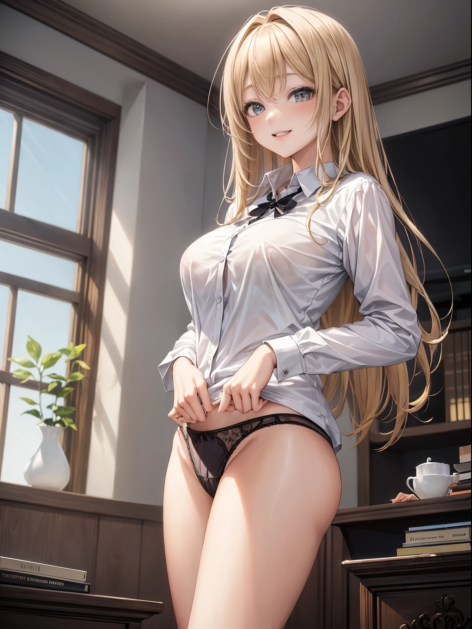 top-quality、Full limbs、complete fingers、One beautiful woman、Beautiful Large Breasts、((straight haired、blondehair))、((White collared shirt、Ha just、Black panties))、A big smile、Living room at home、 standing、sexypose
