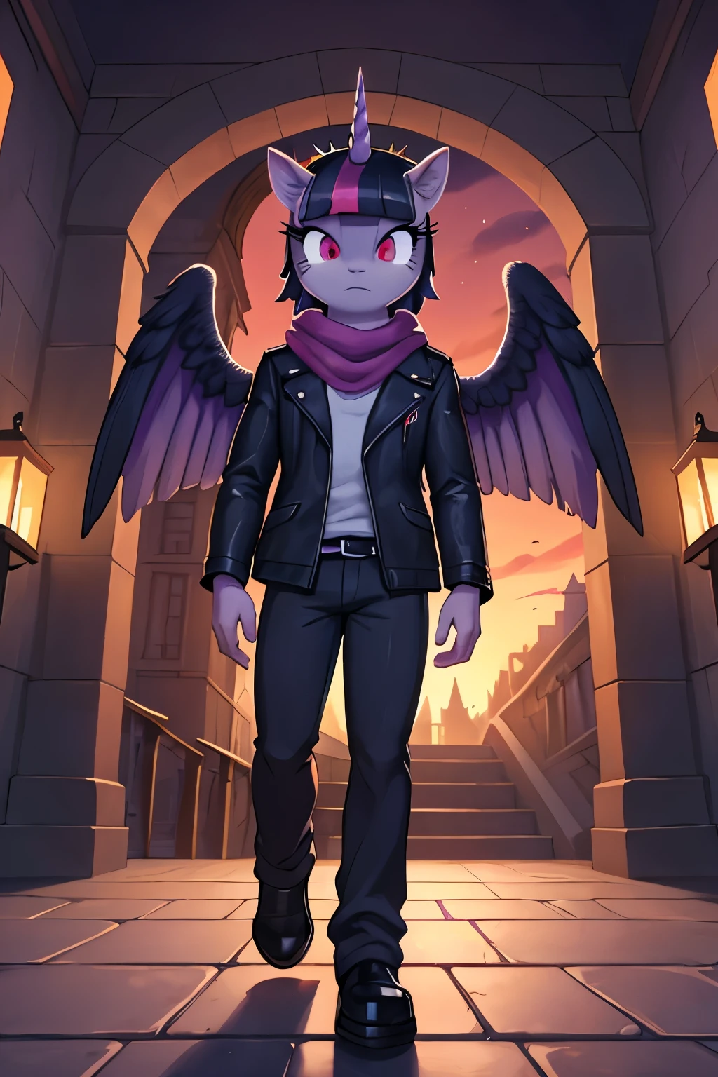 (twilight sparkle, twilight sparkle from my little pony), (wearing gold crown with 6 sided purple star on top), purple scarf with burnt ends and burn holes, (red eyes), wearing leather jacket, hands in pockets, (noir), evil expression, shadowy figure, dark, glowing red eyes, unicorn horn, purple large angel like wings, walking outside of castle gates, castle in background, red sky in back, walking forward, semi tilted angle