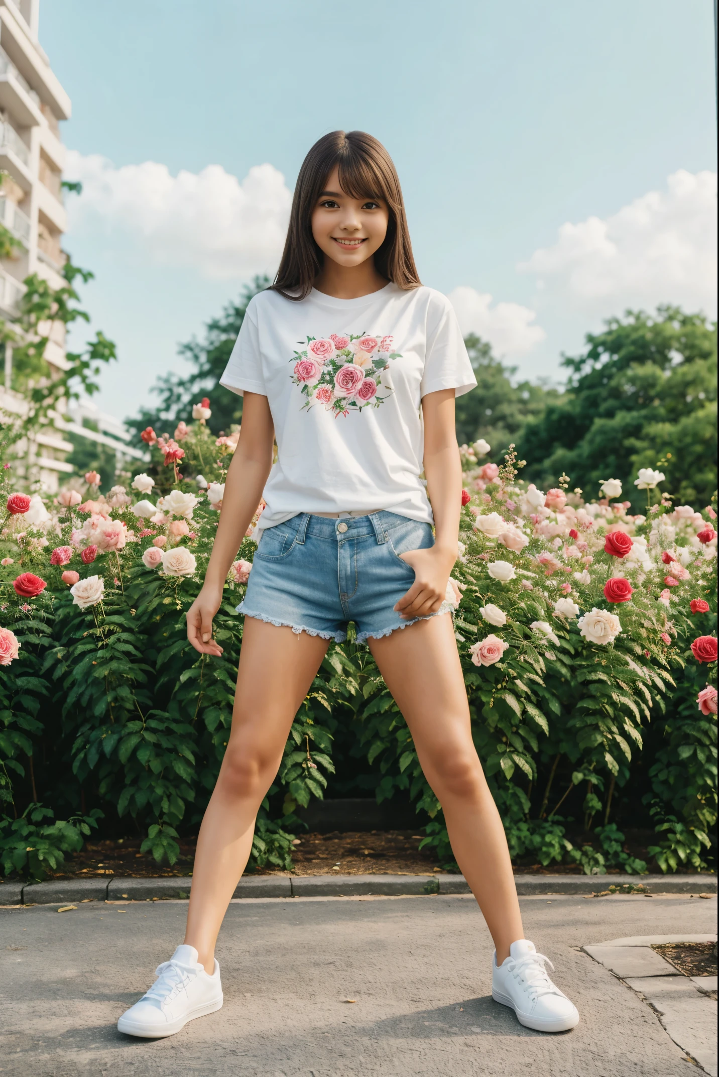 masterpiece, a young beautiful girl, smile, looking at camera, Stand in front of a mass of roses, Wearing shorts and T-shirt, white sneakers. Wearing tops and shorts, flowers, full body photo, casual pose, thin legs