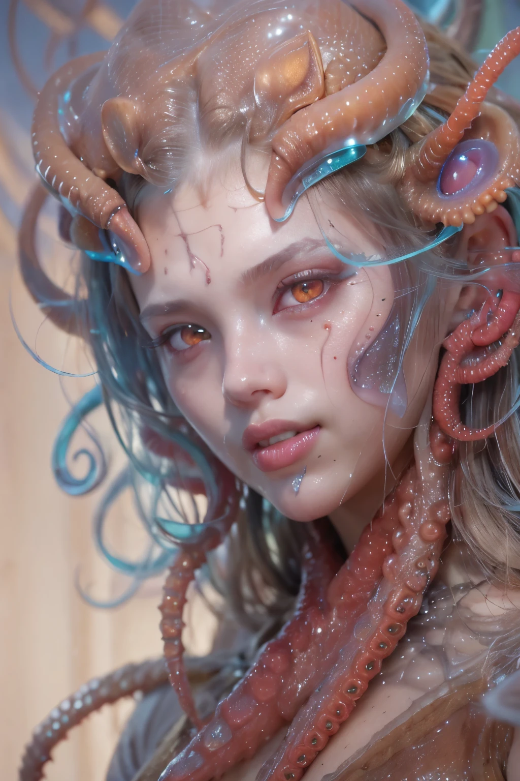 scary and sexy detailed art in color, Portrait, (beautiful and obscene female alien:1.4), (vulgarity1.5), (she has red eyes with no pupils:1.8), (Translucent skin:1.7), (There is a female genital-like organ in the middle of the forehead:1.9), (The most beautiful face in the history of the universe:1.2),an evil gaze that seduces, (large mouth:1.1), (sharp teeth like a vampire:1.2), Full body portrait, (bio luminescent:1.5), (Smile wickedly:1.3), (sexypose:1.5), alien, No humans, cells are fused, (Lots of translucent tentacles:1.3) extraterrestrial, cell, bio image, best quality, 8K,In 4K_quality, High freshness, Dramatic Lighting, masutepiece:1.5,cinematic quality, detail up, (exquisite details:1.2), high resolution, High freshness, drawing faithfully, (Thick eyebrows:1.2), Beautiful eyes with fine symmetry,(Highly detailed face and eyes:1.2), Intimate face, (Super detailed skin quality feeling:1.4), perfect anatomy, (Beautiful toned body:1.5), (Moist skin:1.2), not wearing makeup, (dark circles:1.1), long canines, cinematic drawing of characters, ultra high quality model, cinematic quality, detail up, (exquisite details:1.2), high resolution, High freshness, drawing faithfully, official art, Unity 8K Wall , 8K Portrait, best quality, Very high resolution, ultra detailed artistic photography, midnight aura, unreal engine 5, Ultra Sharp Focus, art by Amano Yoshitaka, ArtGerm, Roisch, intricate artwork, best quality, masterpiece, ultra high resolution, (photos realistic:1.4), ultra realistic realism, dream-like, nautilus, Creation of fantasy, Snail, Dream Snail, (biopunk nautilus:1.3),Thrilling color schemes, ultra realistic realism, seductively smiling, Blue tentacles,