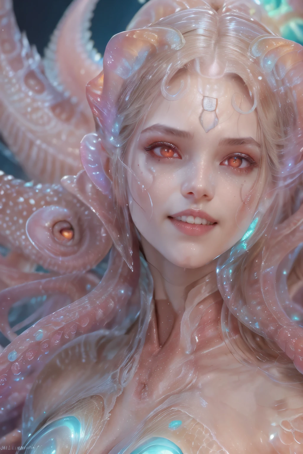 scary and sexy detailed art in color, Portrait, (beautiful and obscene female alien:1.4), (vulgarity1.5), (she has red eyes with no pupils:1.8), (Translucent skin:1.7), (There is a female genital-like organ in the middle of the forehead:1.9), (The most beautiful face in the history of the universe:1.2),an evil gaze that seduces, (large mouth:1.1), (sharp teeth like a vampire:1.2), Full body portrait, (bio luminescent:1.5), (Smile wickedly:1.3), (sexypose:1.5), alien, No humans, cells are fused, (Lots of translucent tentacles:1.3) extraterrestrial, cell, bio image, best quality, 8K,In 4K_quality, High freshness, Dramatic Lighting, masutepiece:1.5,cinematic quality, detail up, (exquisite details:1.2), high resolution, High freshness, drawing faithfully, (Thick eyebrows:1.2), Beautiful eyes with fine symmetry,(Highly detailed face and eyes:1.2), Intimate face, (Super detailed skin quality feeling:1.4), perfect ???????, (Beautiful toned body:1.5), (Moist skin:1.2), not wearing makeup, (dark circles:1.1), long canines, cinematic drawing of characters, ultra high quality model, cinematic quality, detail up, (exquisite details:1.2), high resolution, High freshness, drawing faithfully, official art, Unity 8K Wall , 8K Portrait, best quality, Very high resolution, ultra detailed artistic photography, midnight aura, unreal engine 5, Ultra Sharp Focus, art by Amano Yoshitaka, ArtGerm, Roisch, intricate artwork, best quality, masterpiece, ultra high resolution, (photos realistic:1.4), ultra realistic realism, dream-like, nautilus, Creation of fantasy, Snail, Dream Snail, (biopunk nautilus:1.3),Thrilling color schemes, ultra realistic realism, seductively smiling, Blue tentacles,