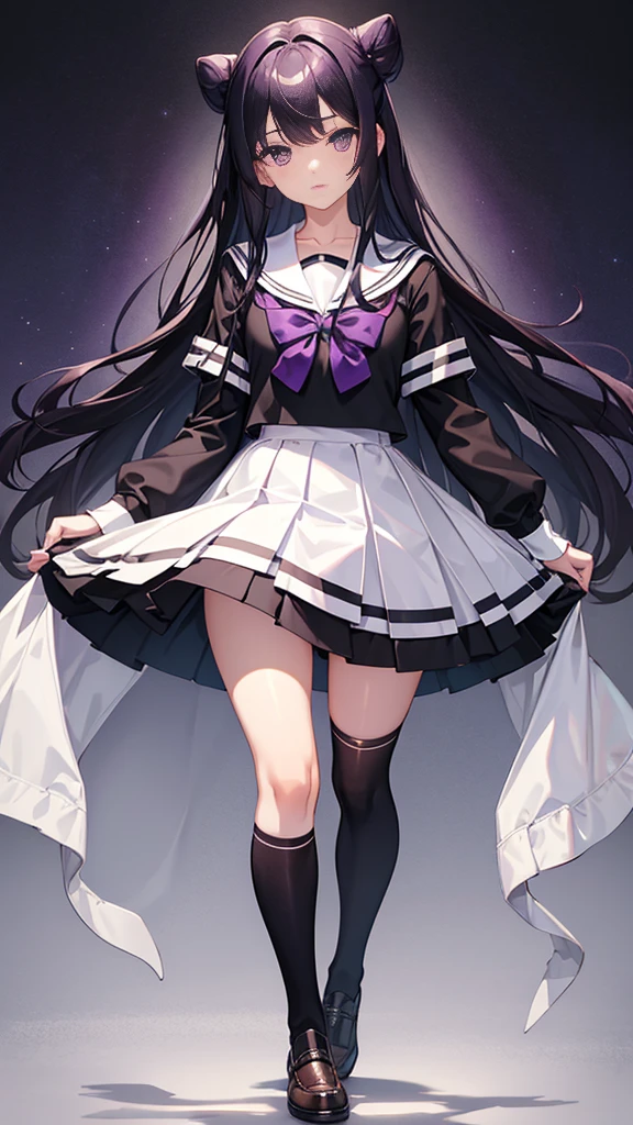 young girl, long dark purple or black hair, purple eyes, black school uniform,sailor suit、thighs,knee high socks,short sleeve, masterpiece, high quality, High resolution, HD, 4k、thighsから上のカット、beautiful eyes、bun hair、