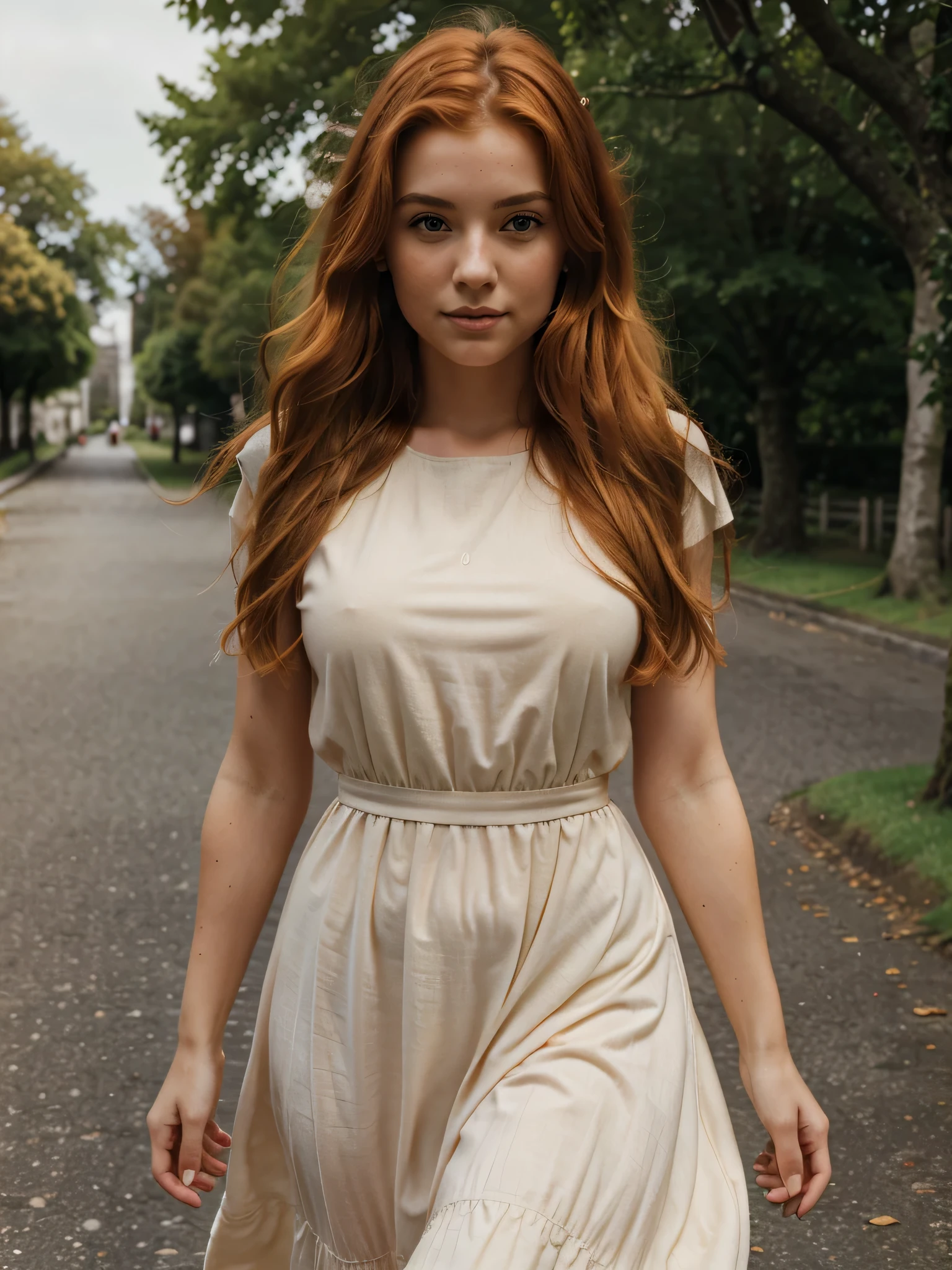 RAW uhd portrait of 24-year-old blonde close-up, Natural red hair, castles, Wavy, (brown-eyed woman) draw a girl in ANNAIVANOVA dress, ELEGANT, BEAUTIFUL, WALKING IN THE STREETS OF Ireland.