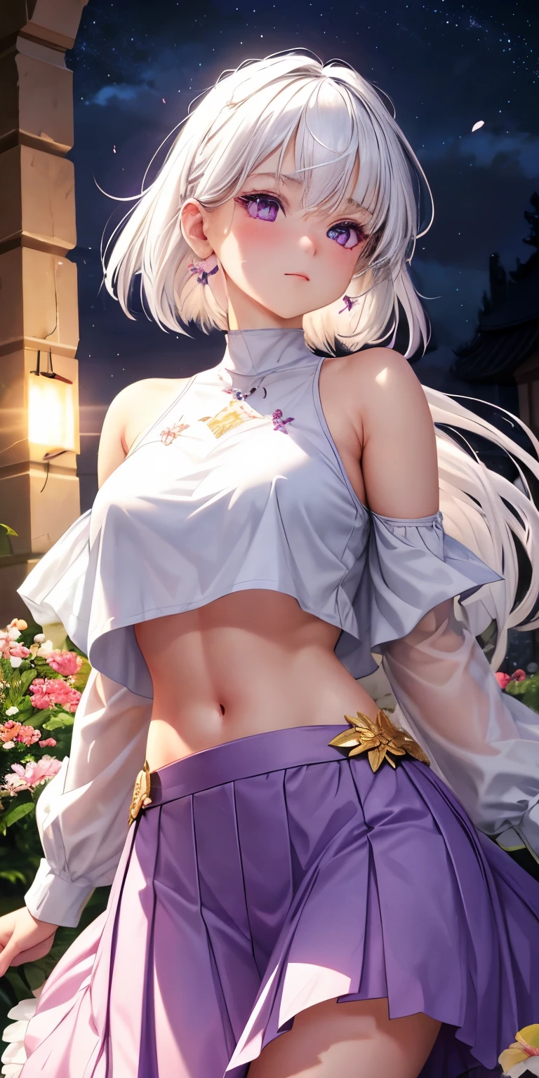 actual, 1 girl, white hair, purple eyes, glowing eyes, crop top, skirt, open, blush, night, flowers, sun, sunlight,