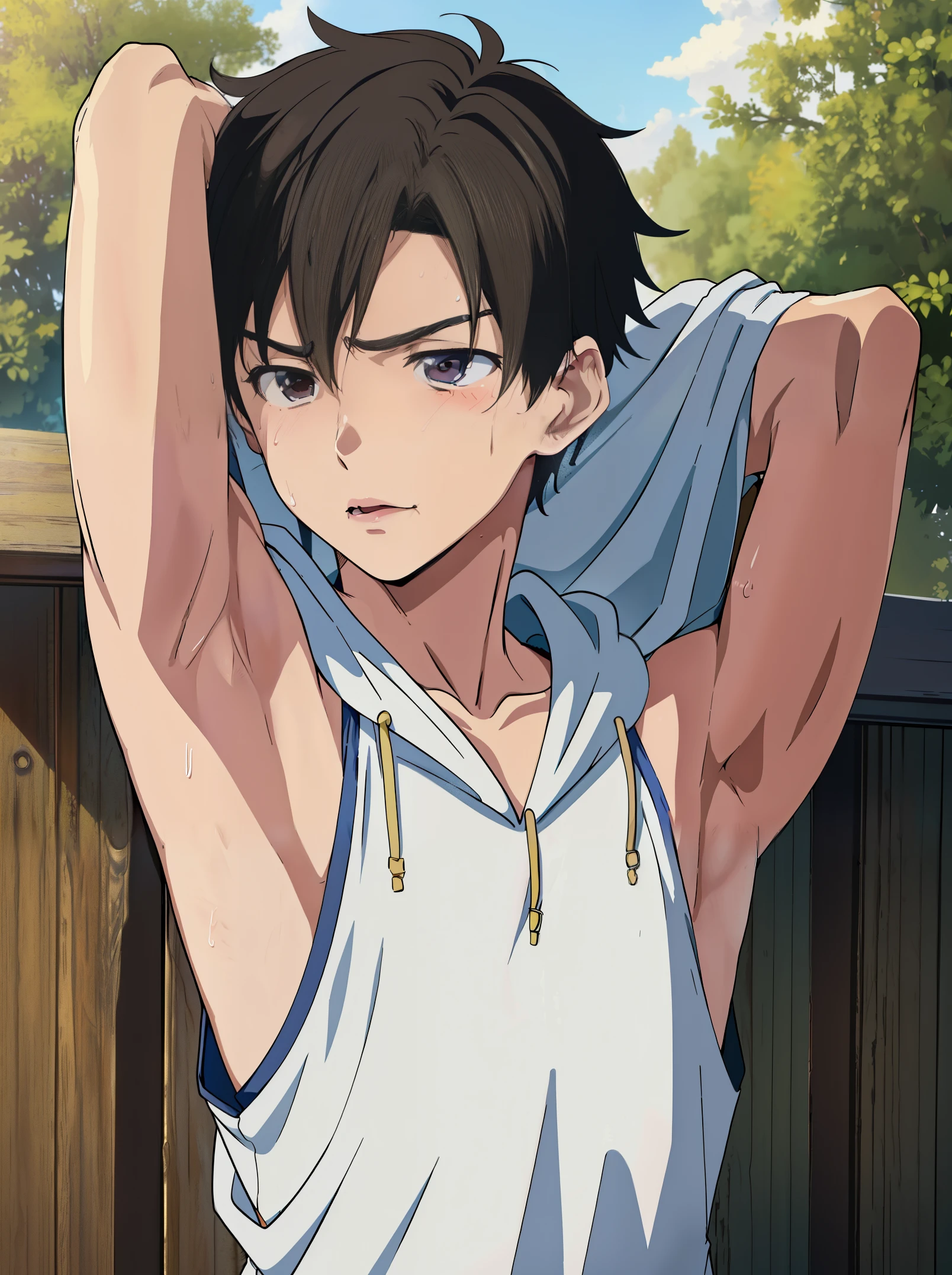 Highres, Masterpiece, Best quality at best,Best Quality,hight quality, hight detailed, 1boy, 12-Year-Old-Boy, Young boy, (showing armpits:1.4), sweating, Shorts, shota, outdoors, Sleeveless hoodie, seductive face, cute boy, slim body, (very young boy), (very small and short body), Simple beckground