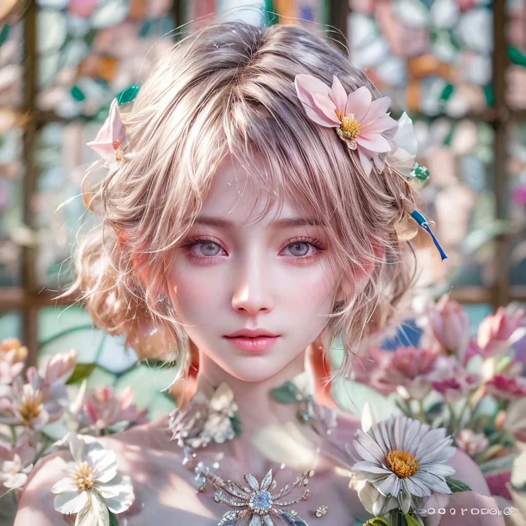 Tiny junior idol in Delicate lace knitted white clothes, (Exposed:0.9), (nipple:-0.9), (Dynamic closeup, (Dazzling stained glass Background)), (((Renbutsu Misako), colorful Light shines through stunning elaborate stained glass:1.2)), vivid Red colors, lense Particle, lens flare, light Particle, Dazzling Halo. ((Acutance:0.8)), (masterpiece:1.2),(ultra-detailed:1.37),(realistic,photorealistic, ((photo-realistic:1.37))with touch of rawness). (Extremely detailed KAWAII face variations, expression variations), detailed eyes with sparkling highlights, captivating gaze, long eyelashes, subtle blush on the face, rosy cheeks, impeccable skin texture . { full of flowers covering girl's body | Mystic sight | haze }, ((Dynamic-angle, physically-based rendering)) . (((large eyes:-0.9, not Detailed fingers:-0.9))) .