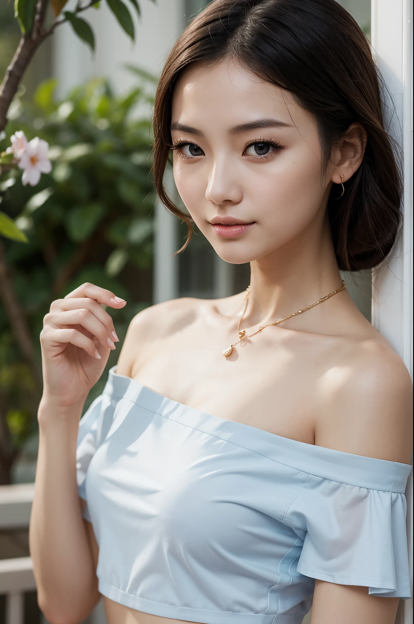Fashion trendy beautiful and charming woman, gentle and charming Chinese beautiful woman, delicate and sexy collarbone, charming oval face, double eyelids, smart peach blossom eyes, pink lips, small nose, bare shoulders, focus on the face, close-up of the face, Ultra-high-definition, super-detailed, the white off-the-shoulder shirt perfectly echoes the light blue slit skirt, fresh and impressive