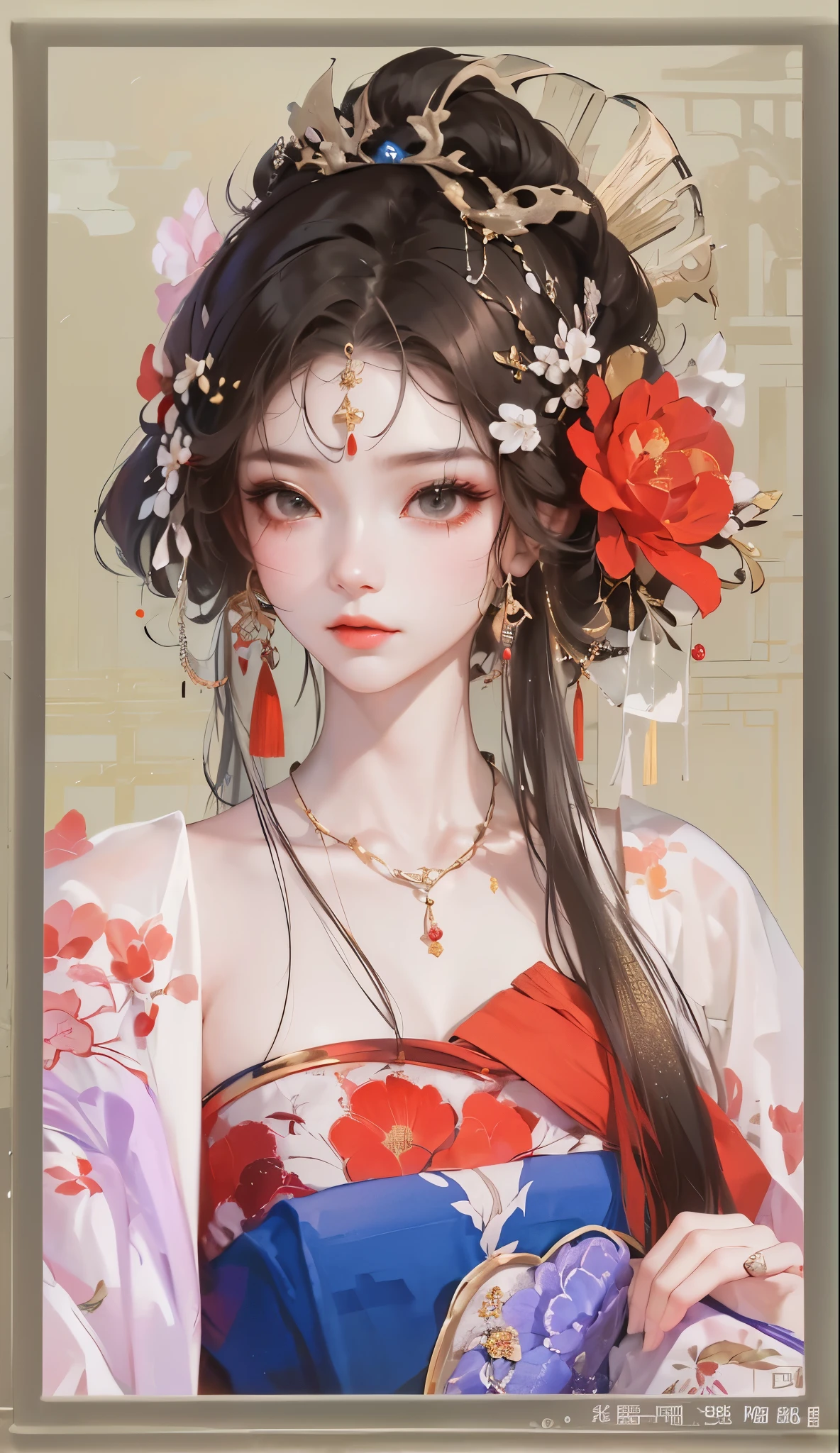 a close up of a woman with a flower in her hair, a beautiful fantasy empress, ((a beautiful fantasy empress)), palace , a girl in hanfu, ancient chinese princess, inspired by Lan Ying, chinese empress, beautiful character painting, 中 元 节, chinese princess, chinese style, inspired by Qiu Ying, ancient china art style