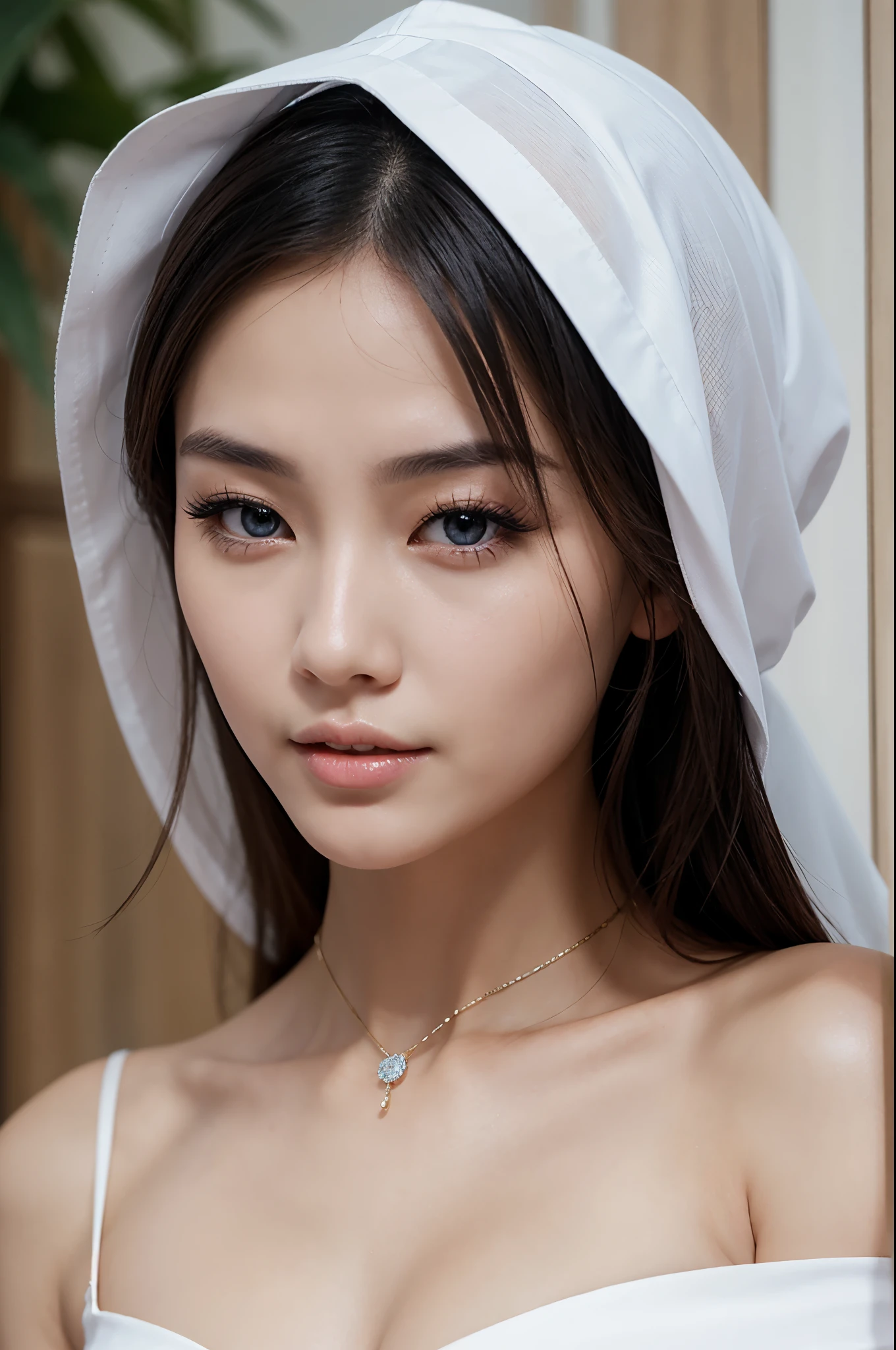 masterpiece, top-quality, 8K, absurderes, a beauty girl, kawaii, outdoor,half body, (fullnude:1.5), wearing blue pasmina hijab, hijab, accessories,nice body, No makeup, bukkake, Near and far law, depth of fields, A hyper-realistic, hight resolution, a picture, foco nítido, nffsw, face lights, 动态照明, Highest detail, Extreme details、ultra-detailliert、detaile、authentic skin、delicated facial features、Easy Negative