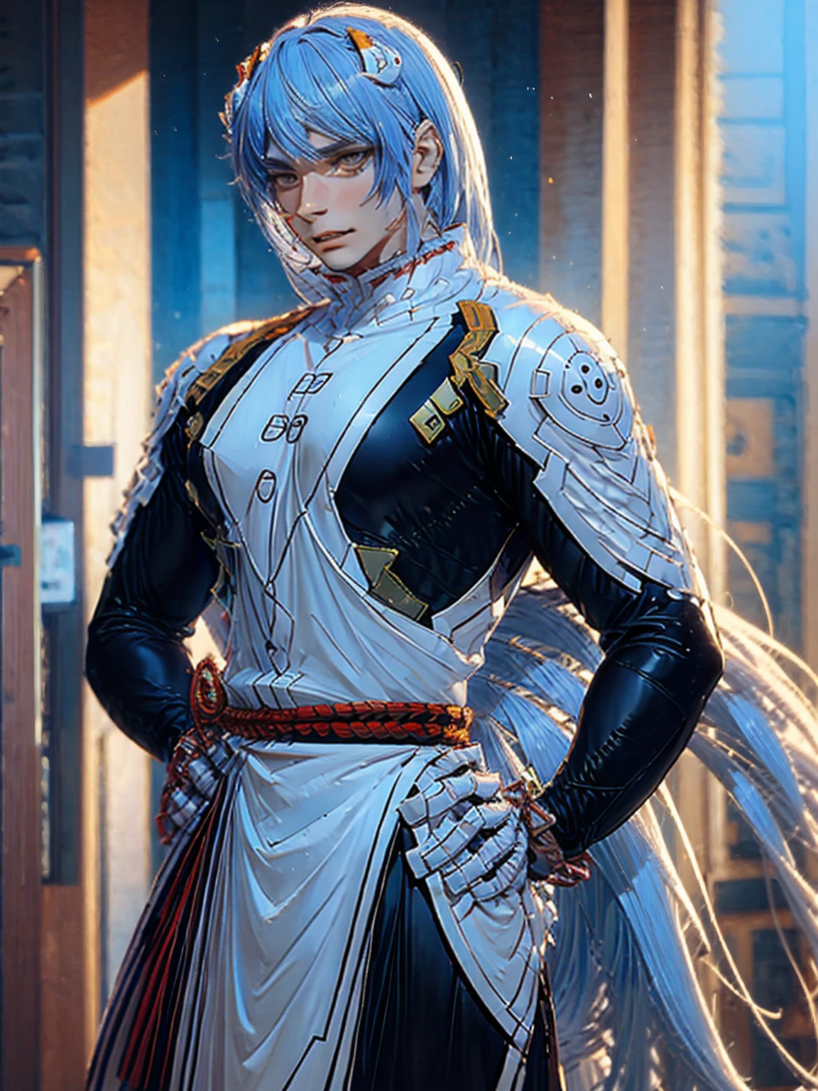 ((Melhor qualidade)), ((obra de arte)), (detalhado), rosto perfeito,um homem de 29 anos,aparencia jovem,fantasia de imperador da era taisho,cabelos longos cor branca,olhos azul-petroleo,corpo mais delgado,palido