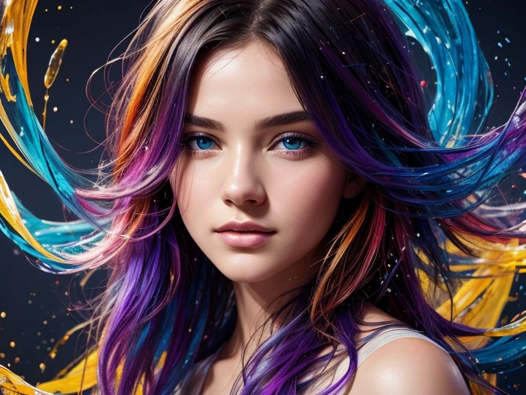 Colorful beautiful girl: an angel, 18-years old, messy hair, oil painting, nice perfect face with soft skinice perfect face, blue yellow colors, light purple and violet additions, light red additions, intricate detail, splash screen, colorful theme, 8k resolution, masterpiece, cute face,artstation digital painting smooth veryBlack ink flow: 8k resolution photorealistic masterpiece: intricately detailed fluid gouache painting: by Jean Baptiste Mongue, agnes cecile: calligraphy: acrylic: watercolor art, professional photography, natural lighting, volumetric lighting maximalist photoillustration: by marton bobzert:, complex, elegant, expansive, fantastical,  wavy hair, vibrant