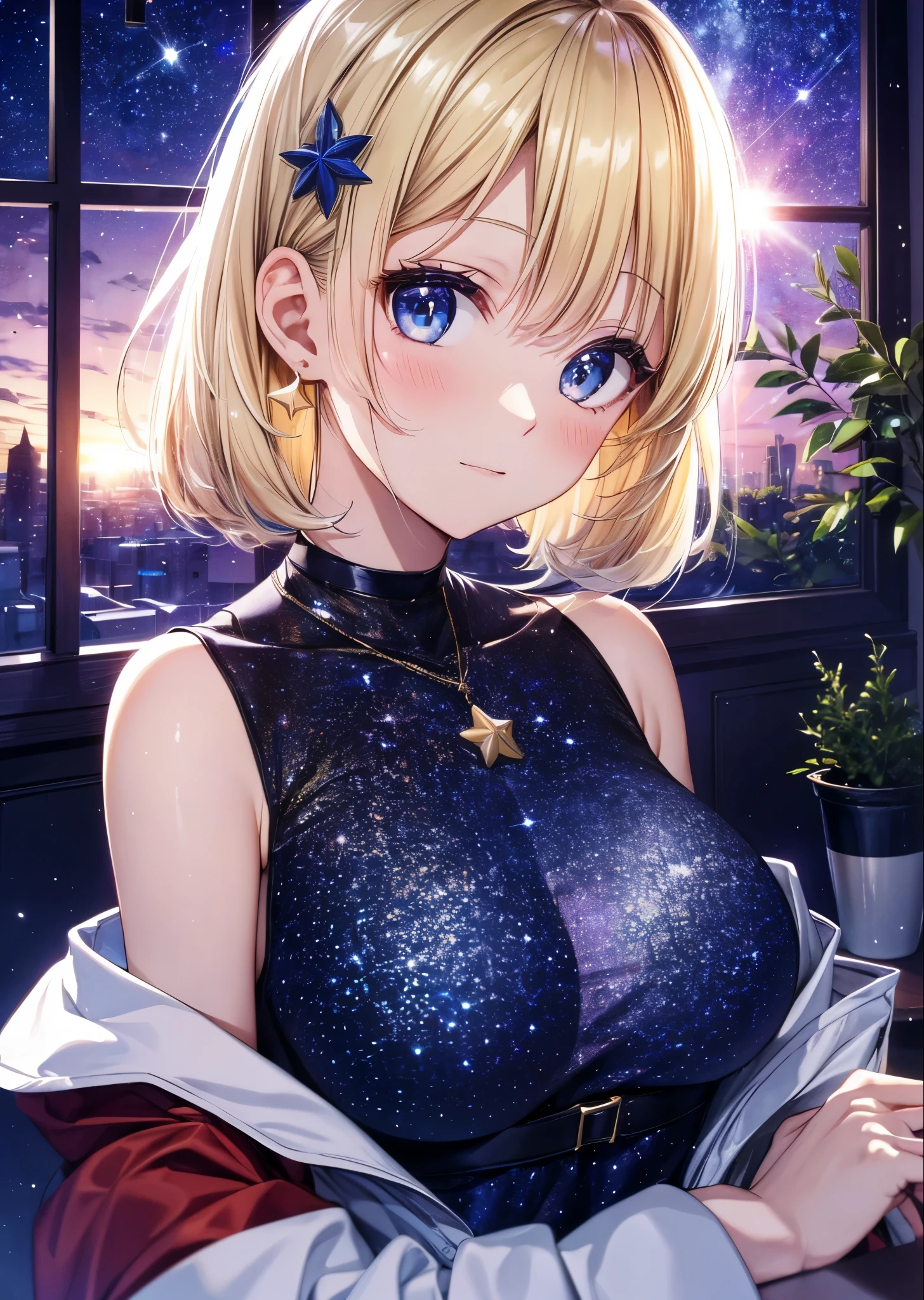 absurderes, ultra-detailliert,bright colour, extremely beautiful detailed anime face and eyes,Indoors, gaze at the audience,(You can see the starry sky from the window:1.2),(Pleasant face:1.4), bow ribbon, window,plant,Chair,Bangs,The table, Clothes, Jacket, Long sleeves, Potted plants, blur, White jacket, Open your clotheashionable bras look a bit:1.3),cups, From the side, feet outside the frame, depth of fields, 25 years old,Short hair, , asymmetrical bangs, Blonde hair with short twin tails, Shiny hair, Delicate beautiful face, red blush、Blue eyes, White skin, hair clips, earrings, a necklace,nighttime scene、night sky full of stars