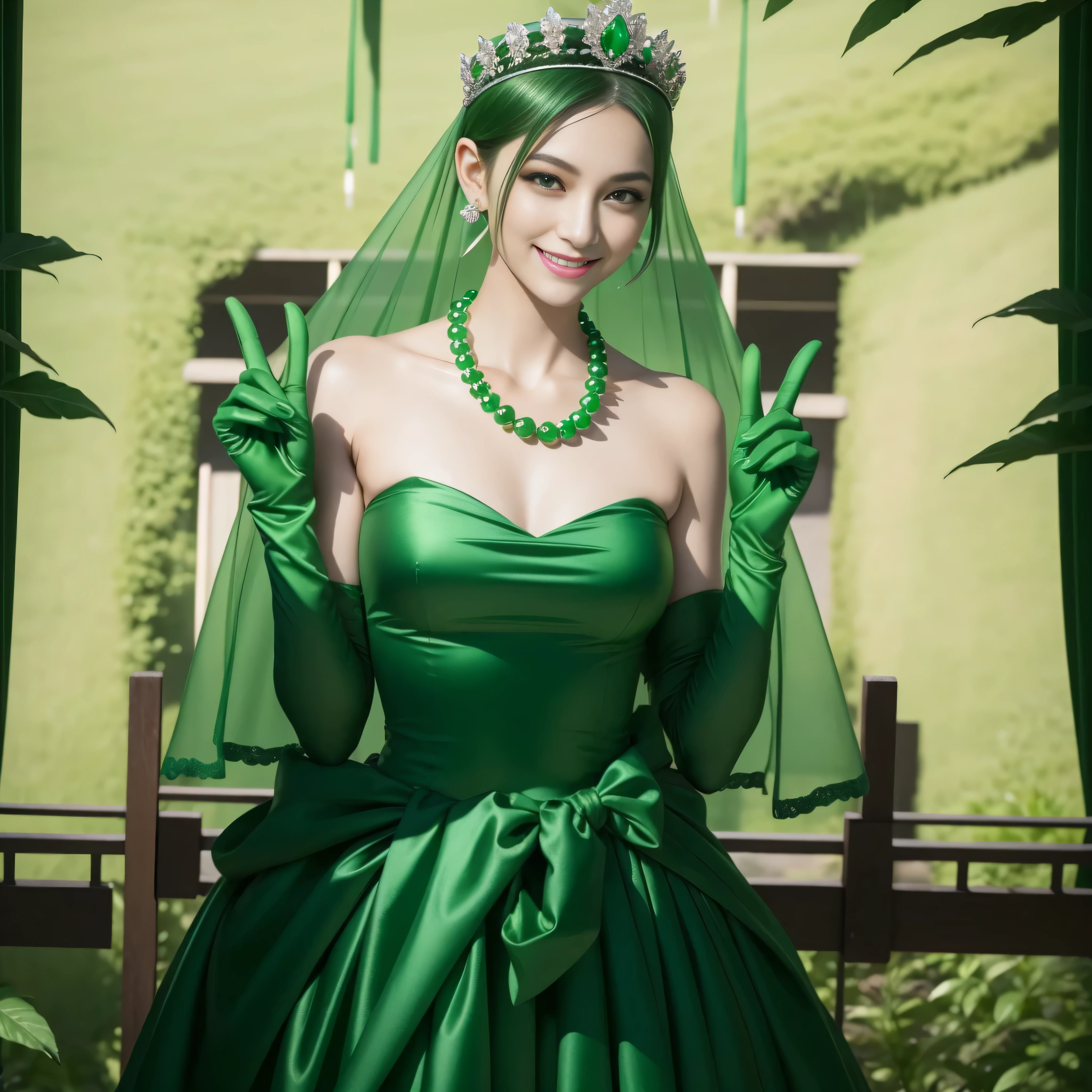 emerald tiara, Green Pearl Necklace, Boyish very short green hair, lipstick, Japan woman smiling, Very short hair, Big beautiful, green eyes, Long green gloves made of satin material, green eyes, V sign, Emerald Earrings, green vale