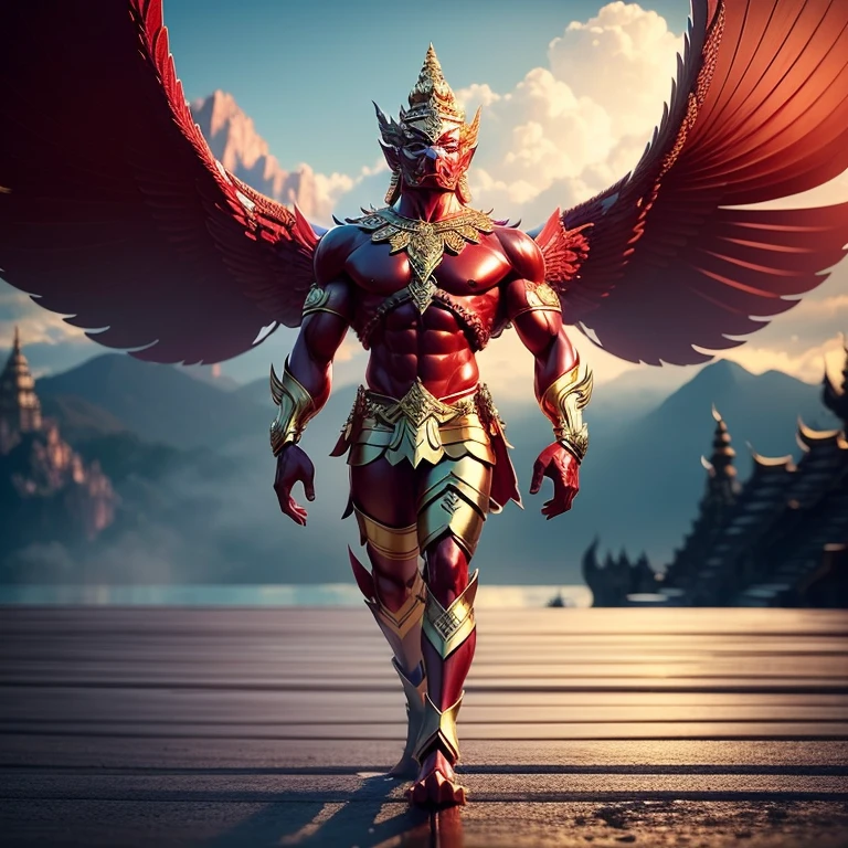 (Garuda 1, Garuda male human form) Red eyes, red body with muscles. Best anatomy: Red Garuda, Red Feathered Garuda, Big Red Winged Garuda. perfect wingspan Wear jewelry made from gold with Thai patterns. Gold jewelry decorated with diamonds on Garuda's head Wearing Thai cloth pants, Thai silk, red Thai pattern. Hands on hands and legs look like perfect birds. Hands, legs, feet are perfect. Stand on the ground, look straight, stand fully. The skin is the most detailed. The skin is red. The red feathers are the most detailed. Red eyes, best detail The best anatomical details, details, cloth, accessories, Thai warrior armor. Best Metal Details Best Weapons Best Weapon Details (Special details Masterpiece quality Realistic Photos(Ultimate Realistic Photos 8k,16k,32k) Maximum realism and best lighting details. Best light quality, best shadows World class photography studio (Best close-up view)(The backdrop of the Thai temple castle is extinguished with gold, silver, emeralds, diamonds, perfect. The background is sky, clouds, fog. It feels natural and realistic))