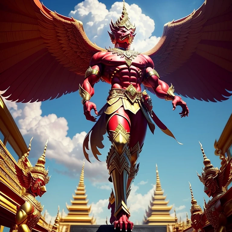 (Garuda 1, Garuda male human form) Red eyes, red body with muscles. Best anatomy: Red Garuda, Red Feathered Garuda, Big Red Winged Garuda. perfect wingspan Wear jewelry made from gold with Thai patterns. Gold jewelry decorated with diamonds on Garuda's head Wearing Thai cloth pants, Thai silk, red Thai pattern. Hands on hands and legs look like perfect birds. Hands, legs, feet are perfect. Stand on the ground, look straight, stand fully. The skin is the most detailed. The skin is red. The red feathers are the most detailed. Red eyes, best detail The best anatomical details, details, cloth, accessories, Thai warrior armor. Best Metal Details Best Weapons Best Weapon Details (Special details Masterpiece quality Realistic Photos(Ultimate Realistic Photos 8k,16k,32k) Maximum realism and best lighting details. Best light quality, best shadows World class photography studio (Best close-up view)(The backdrop of the Thai temple castle is extinguished with gold, silver, emeralds, diamonds, perfect. The background is sky, clouds, fog. It feels natural and realistic))