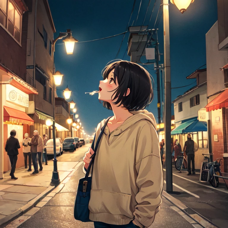 1girl, solo, super fine illustration, an extremely delicate and beautiful, best quality, 20s, black hair, short hair, brown eyes, looking up, desperate, casual clothes, lamppost, sidewalk, night, dark, street light, urban, fallen, drunk, ignored, flushed face, swaying, staggering, slurred speech, alcohol smell.