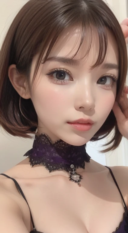 （（（masterpiece）））， （（best quality））， （（intricate details））， （（Surreal））， absurd reature woman， （whole body的，）， Highly detailed， illustration， 1girl， perfect hands， delicate fingereautiful detailed eyes， short hair， brown eyeoss：1.2）， Purple紧身裙， detailed background， collar， perfect eyerom the front，whole body，Extreme figure，Lift up，Purple