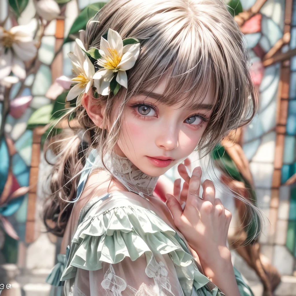 Tiny junior idol in Delicate lace knitted white clothes, (Exposed:0.9), (nipple:-0.9), (Dynamic closeup, (Dazzling stained glass Background)), (((Renbutsu Misako), colorful Light shines through stunning elaborate stained glass:1.2)), vivid Red colors, lense Particle, lens flare, light Particle, Dazzling Halo. ((Acutance:0.8)), (masterpiece:1.2),(ultra-detailed:1.37),(realistic,photorealistic, ((photo-realistic:1.37))with touch of rawness). (Extremely detailed KAWAII face variations, expression variations), detailed eyes with sparkling highlights, captivating gaze, long eyelashes, subtle blush on the face, rosy cheeks, impeccable skin texture . { full of flowers covering girl's body | Mystic sight | haze }, ((Dynamic-angle, physically-based rendering)) . (((large eyes:-0.9, not Detailed fingers:-0.9))) .