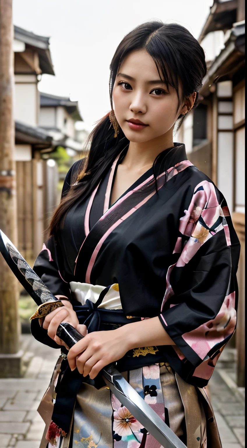 NSFW、最high quality、high quality、best image quality、8k、最High resolution、High resolution、最high quality、masterpiece、RAW photo、realistic atmosphere、(detailed face)、(fine hands、thumb1reference4)、(beauty of japan )、very nice face、cute face、((beautiful japanese girl))、(japanese woman), ((18 year old beautiful girl))、(glossy black hair)、(straight long hair)、(ponytail)、whole body、slim style、(shiny skin)、(Fair skin, Glossy skin)、real human skin、realistic human body structure、perfect body, perfect face, perfect hands, perfect fingers, perfect lips, perfect eyes,perfect teeth、perfect background, perfect atmosphere, natural soft light、photon mapping、japanese samurai、japanese samurai、Japanese swordsman、((Japanese swordを手に持つ日本の女武士))、(girl wearing japanese samurai costume)、warrior girl、Japanese sword、japanese traditional、((Japanese sword(gently curved long sword))、Inspired by Miyamoto Musashi、Inspired by Oda Nobunaga、Inspired by Sengoku warlords、((鋭いJapanese swordを手に持つ女の子))、((Transparent random color metallic with floral pattern(samurai kimono、Hakama with slit))、A dynamic stance that reflects the swordsmanship cultivated as a samurai.、stance of unsheathing、Attitude without presence