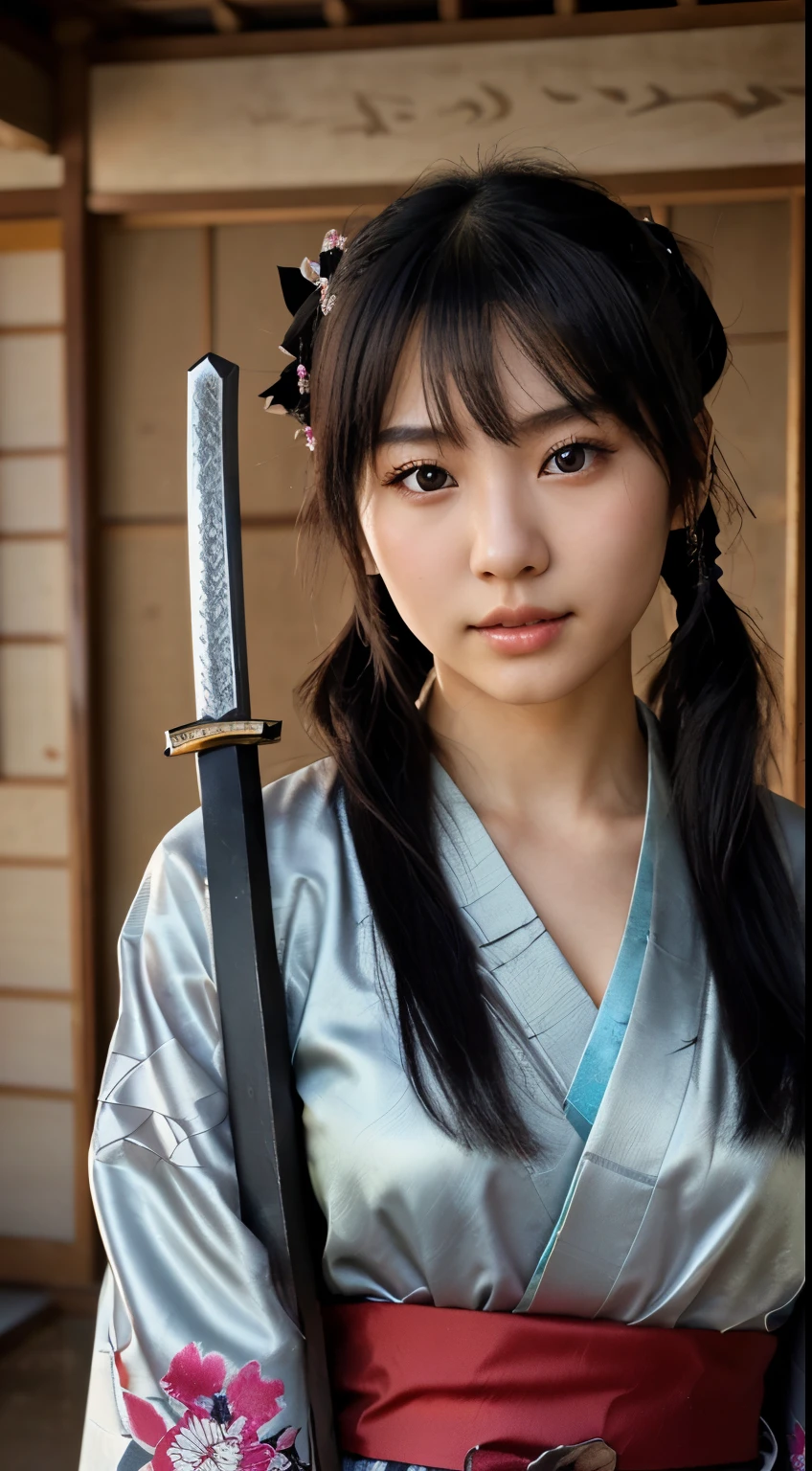 NSFW、最high quality、high quality、best image quality、8k、最High resolution、High resolution、最high quality、masterpiece、RAW photo、realistic atmosphere、(detailed face)、(fine hands、thumb1reference4)、(beauty of japan )、very nice face、cute face、((beautiful japanese girl))、(japanese woman), ((18 year old beautiful girl))、(glossy black hair)、(straight long hair)、(ponytail)、whole body、slim style、(shiny skin)、(Fair skin, Glossy skin)、real human skin、realistic human body structure、perfect body, perfect face, perfect hands, perfect fingers, perfect lips, perfect eyes,perfect teeth、perfect background, perfect atmosphere, natural soft light、photon mapping、japanese samurai、japanese samurai、Japanese swordsman、((Japanese swordを手に持つ日本の女武士))、(girl wearing japanese samurai costume)、warrior girl、Japanese sword、japanese traditional、((Japanese sword(gently curved long sword))、Inspired by Miyamoto Musashi、Inspired by Oda Nobunaga、Inspired by Sengoku warlords、((鋭いJapanese swordを手に持つ女の子))、((Transparent random color metallic with floral pattern(samurai kimono、Hakama with slit))、A dynamic stance that reflects the swordsmanship cultivated as a samurai.、stance of unsheathing、Attitude without presence