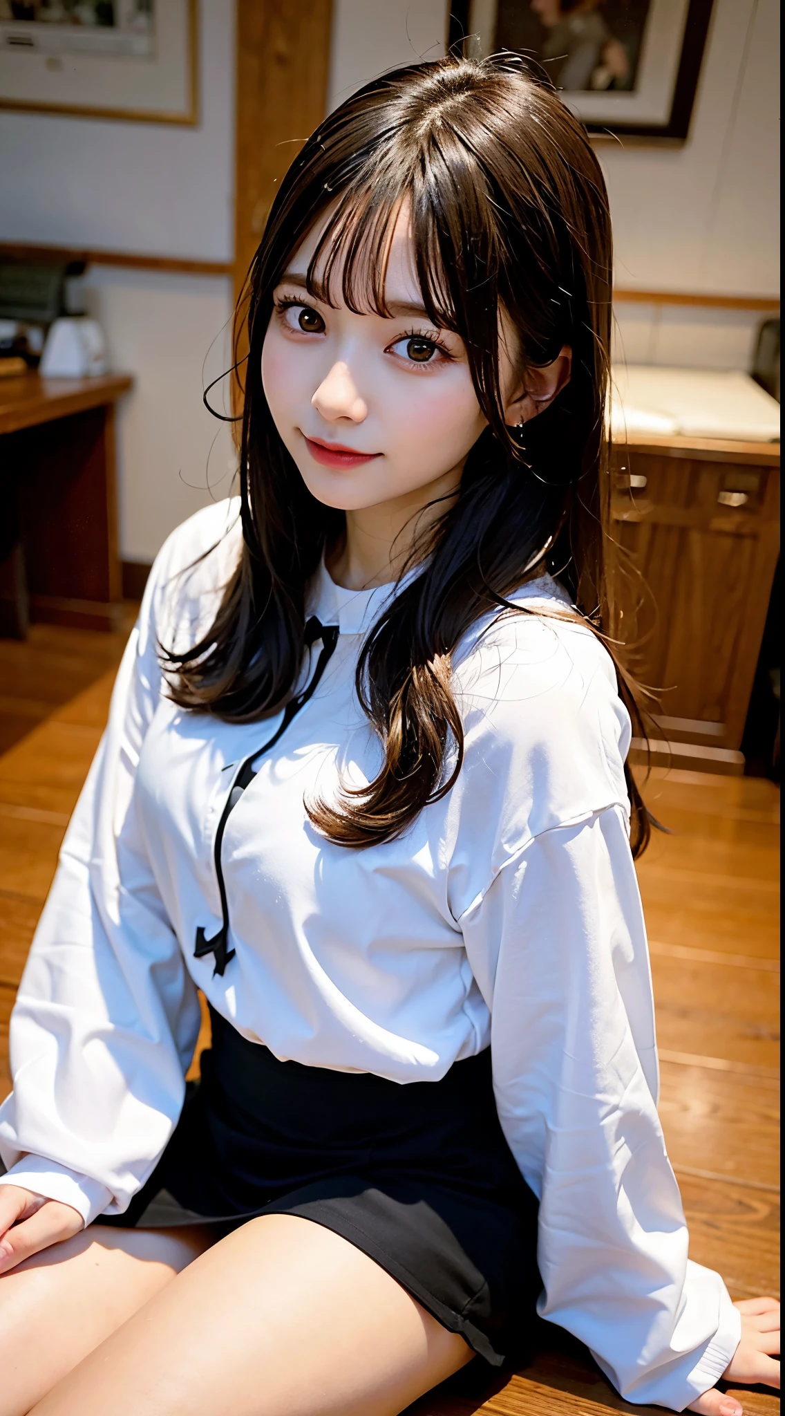 (8K, RAW photo:1.2),detailed face and eyes,最high quality, Super high resolution, very detailed ,intricate details ,muste piece ,pretty girl , soft movie-like light, hyper detail,sharp focus, high quality,Breasts out,bob cut,black haired,NSFW, smile, zettai ryouiki, skirt, sit on a chair, spread your legs, show panties、student