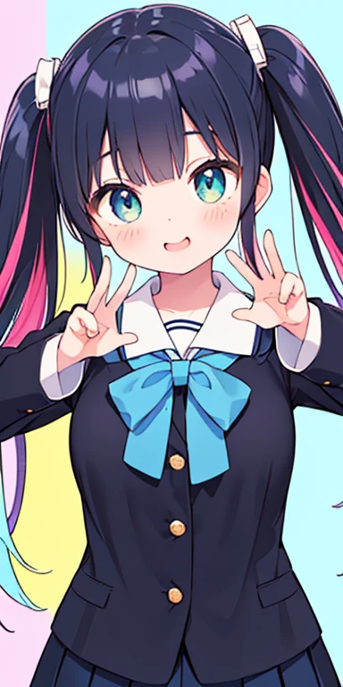 baby face, (colorful fluorescence multicolored  hair:1.5,short twintails:1.5), (masterpiece, sidelights, exquisite beautiful eyes: 1.5), masterpiece*portrait, realistic, ((Colorful background of different colors:1.5)),colorful,3D face,(cute face),front view: 1.6、 (glowing blue eyes),plump face:1.5,(tareme:1.5)、(laugh with your mouth wide open:1.2),()、Rosy Mouth,Slim Body, shiny hair, shiny skin: 1.5、medium breasts,、solo,(stand)、(high school girl,school uniform)、(charactor focus:1.5、portlate:1.5、eye focus:1.5,upper body),(cute pose:1.5)