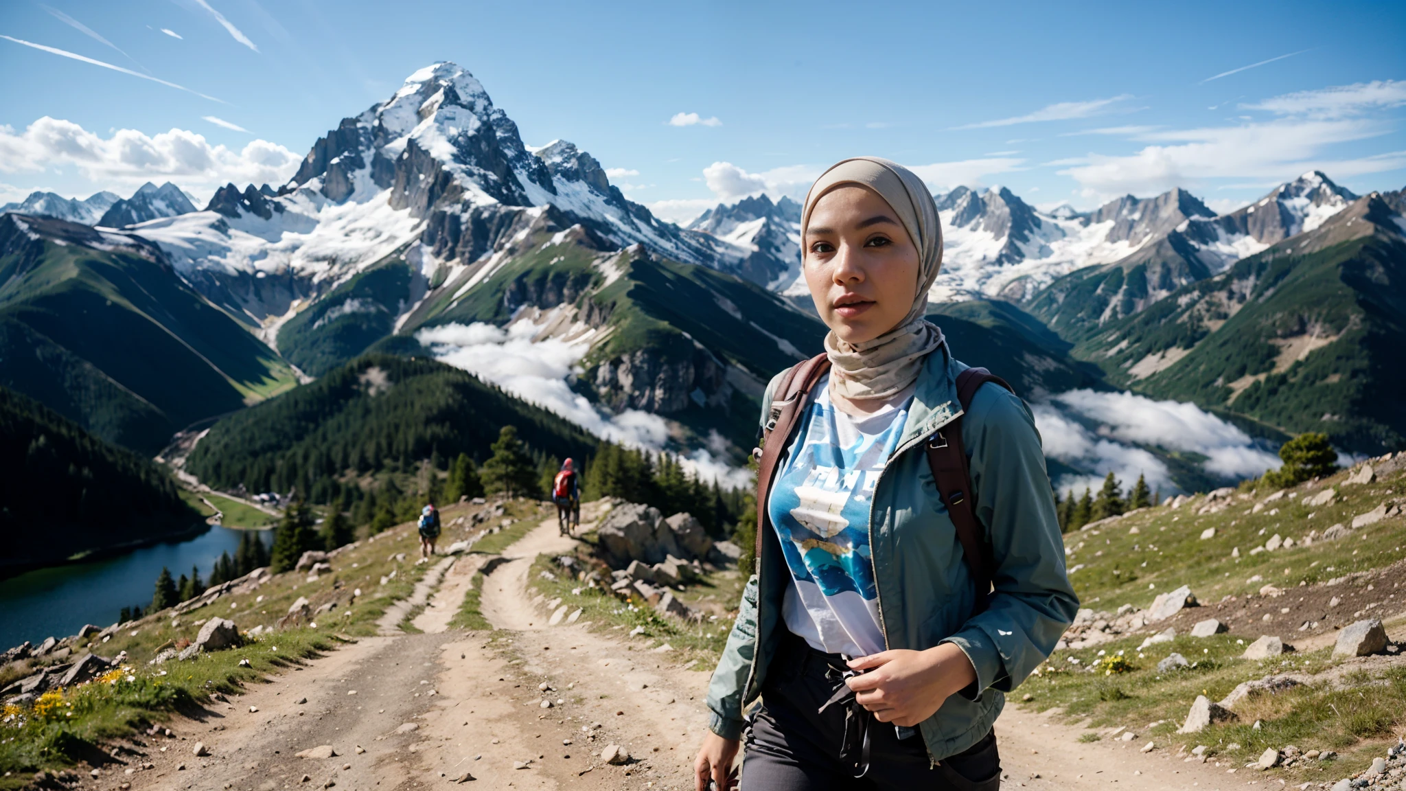 (masterpiece, top quality) 1 Malay girl, solo, slim-thick figure: 1.1, stunningly beautiful, beautiful face, beautiful eyes, detailed face, detailed eyes, detailed nose, detailed mouth, black eyes, looking at viewer, walking facing camera, half body image, close up, carrying a big backpack, mountain girl style, backpacker, mountaineer, mountain view from the top of the mountain, walking on the mountain trail, wearing modern hijab, wearing jacket over jacket, t-shirt, loose long pants, climbing, trekking boots, natural landscape photo; mountain climbing; spectacular summer mountain scenery with rugged mountain range in the distance, wonderful contrast of blue sky and white clouds.