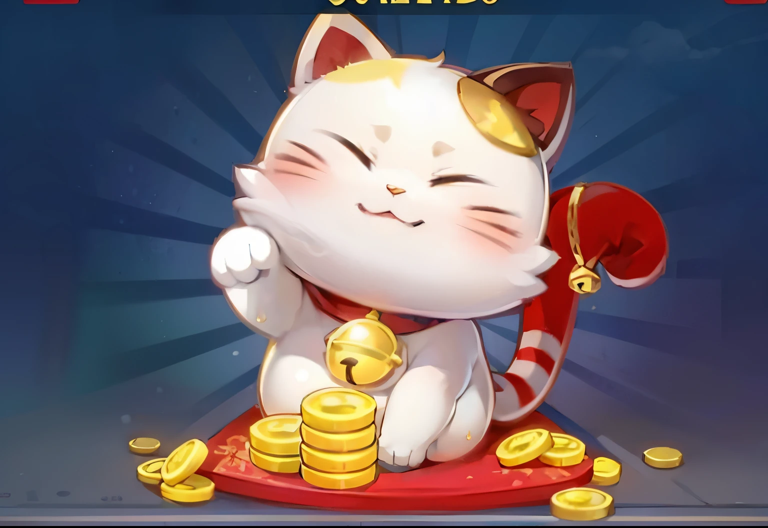 Lucky Cat，gold coins，Q版Lucky Cat，Lucky Cat坐在垫子上，bling，