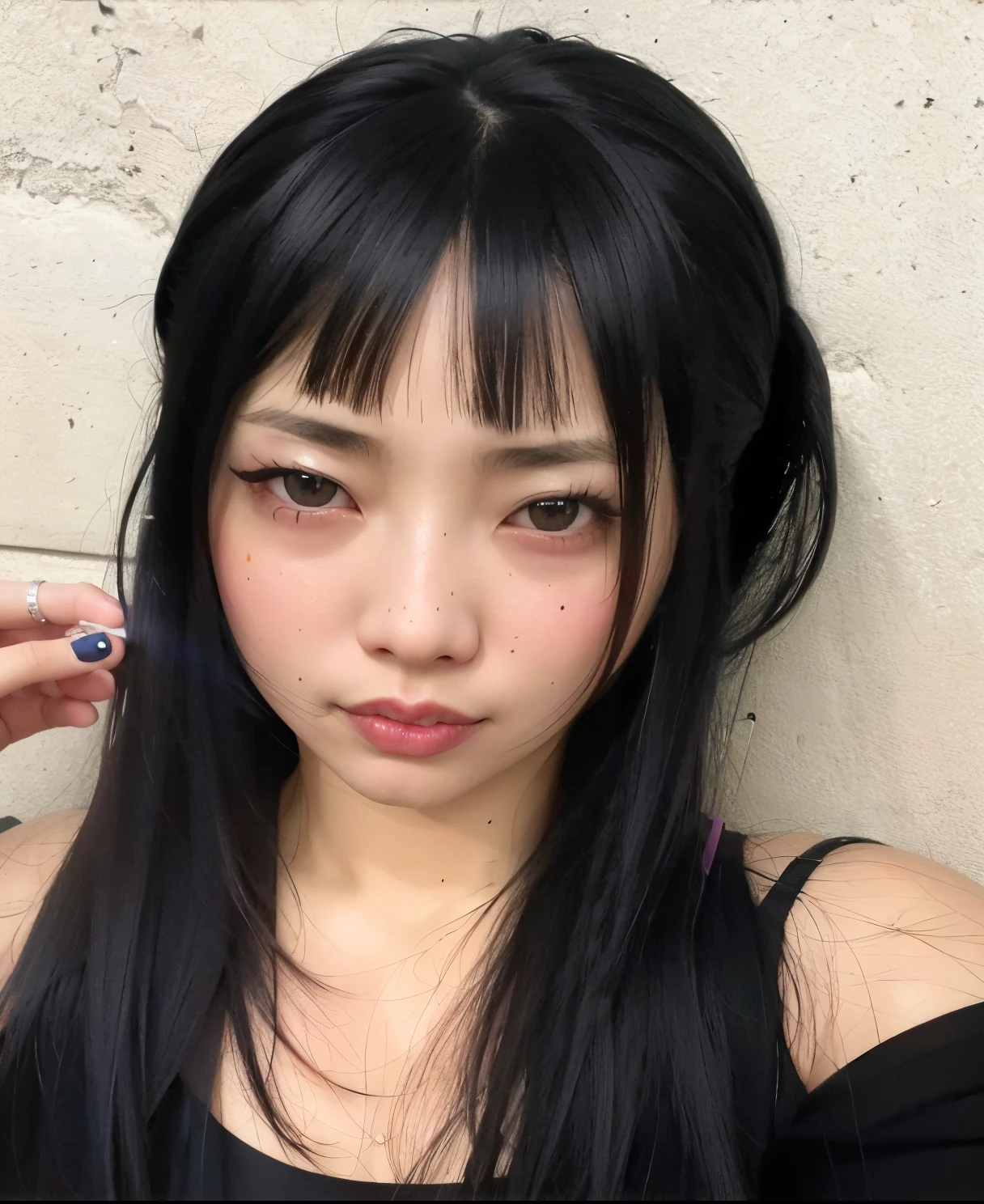 Mujer arafed con cabello largo y negro y un top negro, el corte de hime, shikami, Sui Ishida with black hair, chiho, ella tiene el pelo negro con flequillo, pelo cortado hime negro, Sui Ishida, agujero del lema, Estilo de Junji Ito, chiho ashima, Yoshitomo Nara
