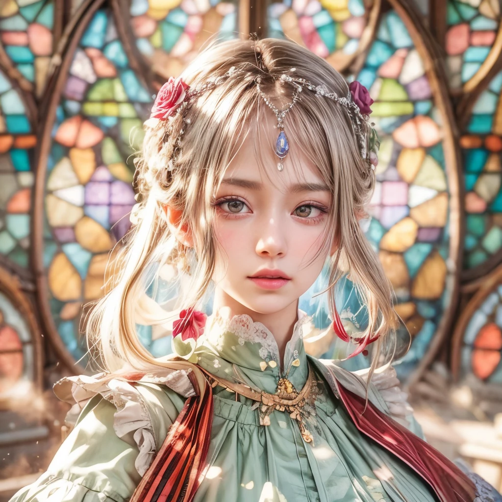concept art, Tiny junior idol, Delicate lace knitted white clothes, (Exposed:0.9), (nipple:-0.9), (Dynamic closeup, (Dazzling stained glass Background)), (((Renbutsu Misako), colorful Light shines through stunning elaborate stained glass:1.2)), vivid Red colors, lense Particle, lens flare, light Particle, Dazzling Halo. ((Acutance:0.8)), (masterpiece:1.2),(ultra-detailed:1.37),(realistic,photorealistic, ((photo-realistic:1.37))with touch of rawness). (Extremely detailed KAWAII face variations, expression variations), detailed eyes with sparkling highlights, captivating gaze, long eyelashes, subtle blush on the face, rosy cheeks, impeccable skin texture . { full of flowers covering girl's body | Mystic sight | haze }, ((Dynamic-angle, physically-based rendering)) . (((large eyes:-0.9, not Detailed fingers:-0.9))) .