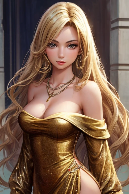 1girl 22 year old, solo, long hair, medium breasts, looking at viewer, blonde hair, bare shoulders, brown eyes, jewelry, full sexy body, necklace, off shoulder, lips, realistic, nose, flirting with camera