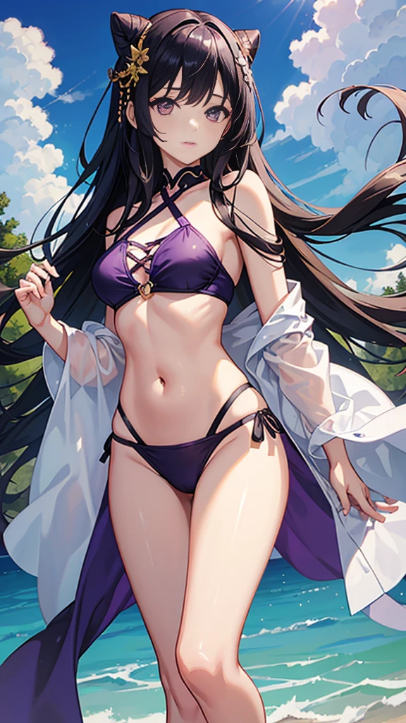 Art inspired by Masamune Shirow, Armor Girl, Bikini Armor, Bikini Armor, Bikini Armor female knight, Bikini Armor, tits, Knight Girl, tits、Sexy pose,topless, White thighs,Vertical belly button、Skin radiance,Black hair,Spread your arms, Tying your hands, basement,(Chained arms), (Both hands tied and hung from the ceiling),(Chained legs)