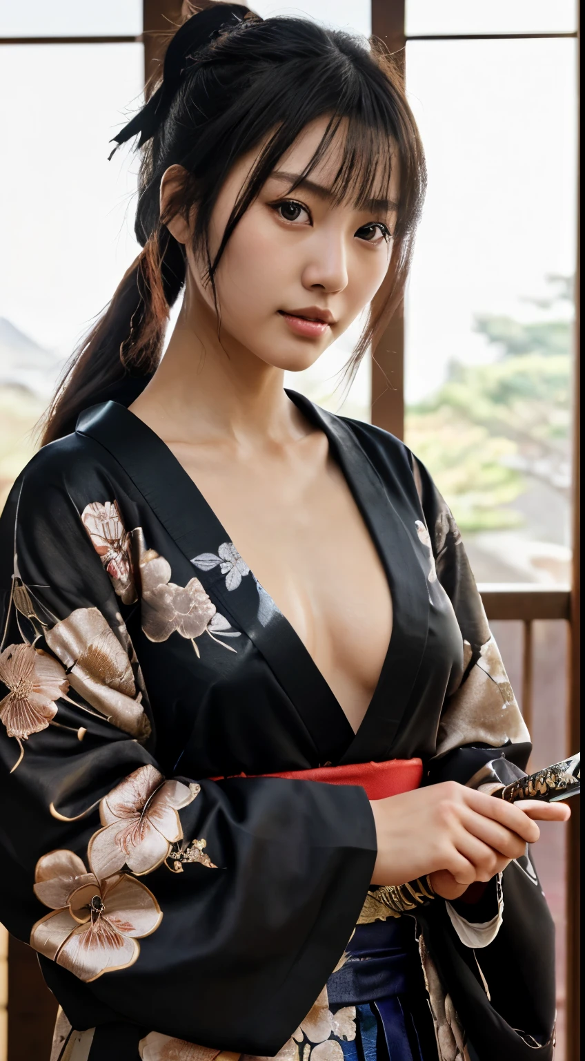 NSFW、最high quality、high quality、best image quality、8k、最High resolution、High resolution、最high quality、masterpiece、RAW photo、realistic atmosphere、(detailed face)、(fine hands、thumb1reference4)、(beauty of japan )、very nice face、cute face、((beautiful japanese girl))、(japanese woman), ((18 year old beautiful girl))、(glossy black hair)、(straight long hair)、(ponytail)、whole body、slim style、(shiny skin)、(Fair skin, Glossy skin)、real human skin、realistic human body structure、perfect body, perfect face, perfect hands, perfect fingers, perfect lips, perfect eyes,perfect teeth、perfect background, perfect atmosphere, natural soft light、photon mapping、japanese samurai、japanese samurai、Japanese swordsman、((Japanese swordを手に持つ日本の女武士))、(girl wearing japanese samurai costume)、warrior girl、Japanese sword、japanese traditional、((Japanese sword(gently curved long sword))、Inspired by Miyamoto Musashi、Inspired by Oda Nobunaga、Inspired by Sengoku warlords、((鋭いJapanese swordを手に持つ女の子))、((Random color with floral pattern(samurai kimono、Hakama with slit))、A dynamic stance that reflects the swordsmanship cultivated as a samurai.、stance of unsheathing、Attitude without presence