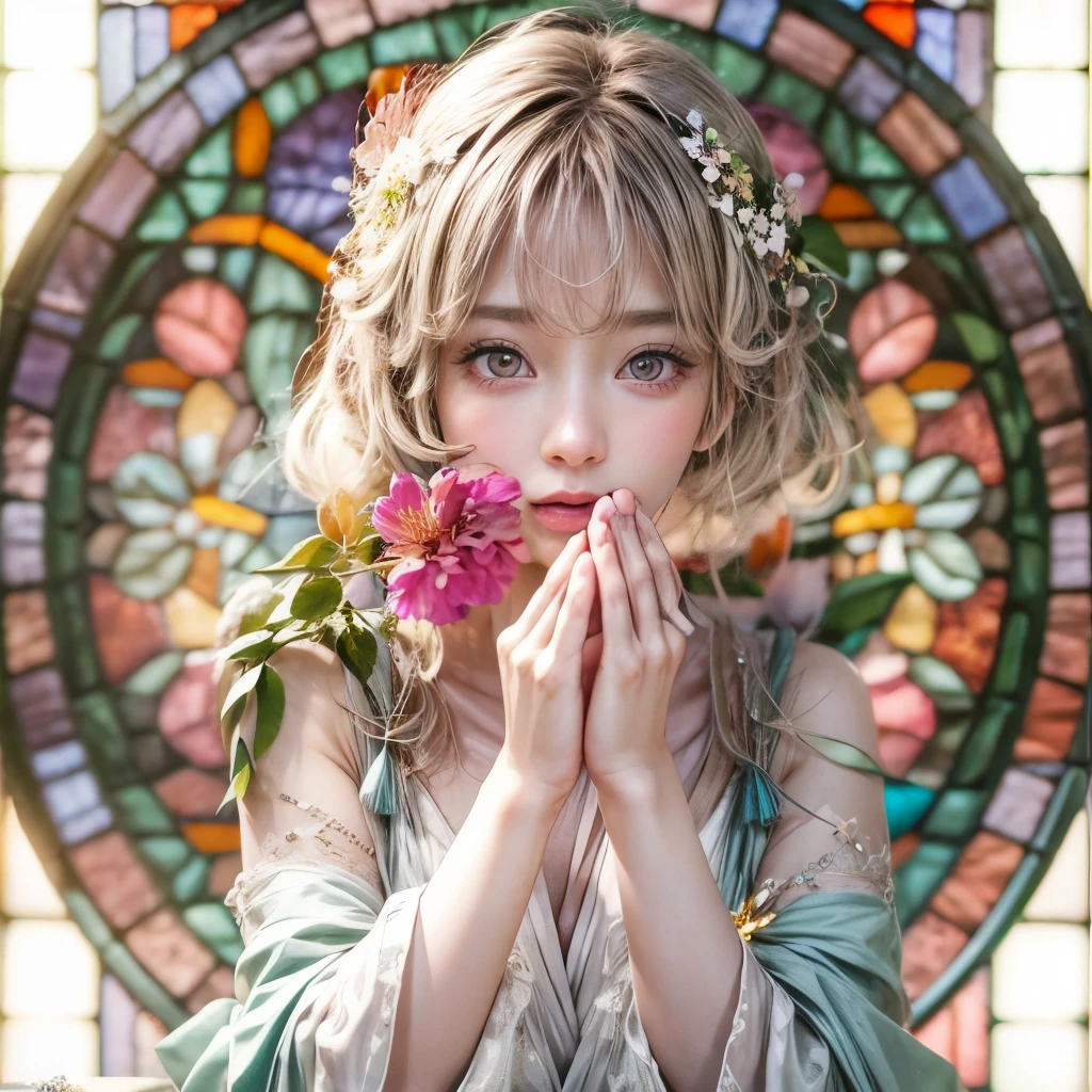 concept art, Tiny junior idol, Delicate lace knitted white clothes, (Exposed:0.9), (nipple:-0.9), (Dynamic closeup, (Dazzling stained glass Background)), (((Renbutsu Misako), colorful Light shines through stunning elaborate stained glass:1.2)), vivid Red colors, lense Particle, lens flare, light Particle, Dazzling Halo. ((Acutance:0.8)), (masterpiece:1.2),(ultra-detailed:1.37),(realistic,photorealistic, ((photo-realistic:1.37))with touch of rawness). (Extremely detailed KAWAII face variations, expression variations),  detailed eyes with sparkling highlights, captivating gaze, long eyelashes, subtle blush on the face, rosy cheeks, impeccable skin texture . { full of flowers covering girl's body | Mystic sight | haze }, ((Dynamic-angle, physically-based rendering)) . (((large eyes:-0.9, not Detailed fingers:-0.9))) .