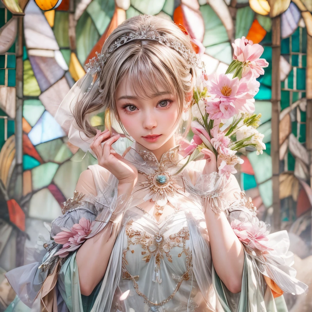 concept art, Tiny junior idol, Delicate lace knitted white clothes, (Exposed:0.9), (nipple:-0.9), (Dynamic closeup, (Dazzling stained glass Background)), (((Renbutsu Misako), colorful Light shines through stunning elaborate stained glass:1.2)), vivid Red colors, lense Particle, lens flare, light Particle, Dazzling Halo. ((Acutance:0.8)), (masterpiece:1.2),(ultra-detailed:1.37),(realistic,photorealistic, ((photo-realistic:1.37))with touch of rawness). (Extremely detailed KAWAII face variations, expression variations), detailed eyes with sparkling highlights, captivating gaze, long eyelashes, subtle blush on the face, rosy cheeks, impeccable skin texture . { full of flowers covering girl's body | Mystic sight | haze }, ((Dynamic-angle, physically-based rendering)) . (((large eyes:-0.9, not Detailed fingers:-0.9))) .