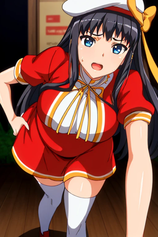 (Night:1.7),in front of a store,
Standing at attention,
 red jacket , a red and white shirt,red skirt, short sleeves,thighhighs,white hat,puffy short sleeves, puffy sleeves,
yellow bow, yellow neckwear, yellow ribbon,
bangs, black hair, blue eyes,long hair,hair ornament, hairclip,
1 girl, 20yo,Young female,Beautiful Finger,Beautiful long legs,Beautiful body,Beautiful Nose,Beautiful character design, perfect eyes, perfect face,expressive eyes,
looking at viewer, in the center of the image,(Upper_body),(Focus on her face),
official art,extremely detailed CG unity 8k wallpaper, perfect lighting,Colorful, Bright_Front_face_Lighting,shiny skin, she is having contractions, bend over and holding her belly trying to endure the pain ,anime Pregnant Belly, Pregnant belly, holding belly, in pain face, labor contractions sweating, in pain, very bend down, open mouth, >oo<, pain face, giving birth
(masterpiece:1.0),(best_quality:1.0), ultra high res,4K,ultra-detailed,
photography, 8K, HDR, highres, absurdres:1.2, Kodak portra 400, film grain, blurry background, bokeh:1.2, lens flare, (vibrant_color:1.2)
(Beautiful,large_Breasts:1.4), (beautiful_face:1.5),(narrow_waist),