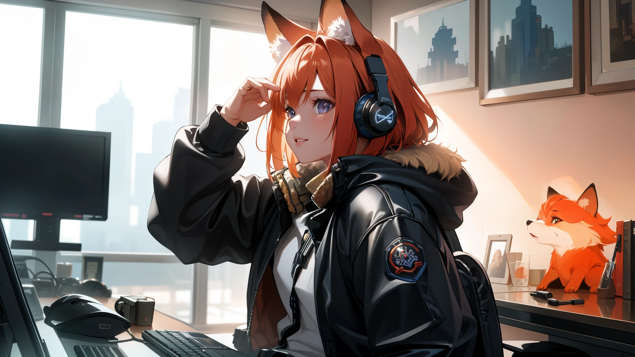 A cute Q-version red fox character with headphones sitting in front of a computer in an office. The image  in high definition and portrays a cute customer service representative. The image  ultra high definition, captured using advanced macro photography techniques with extremely rich details on the hands. The lighting  natural sunlight, creating a warm and vibrant atmosphere. The background  slightly blurred to emphasize the main character. The style of the image  inspired by the works of WLOP, a popular concept artist known for their CG settings and conceptual art. The image  rendered using advanced techniques such as ray tracing to achieve a realistic and visually stunning effect. It follows the current trend in Estação Arte, a popular art station known for its HD artworks. The image  in 4k or 8k resolution, ensuring the best quality and every detail  discernible. The eyes of the fox character are extremely detailed and expressive, capturing the viewers' attention.