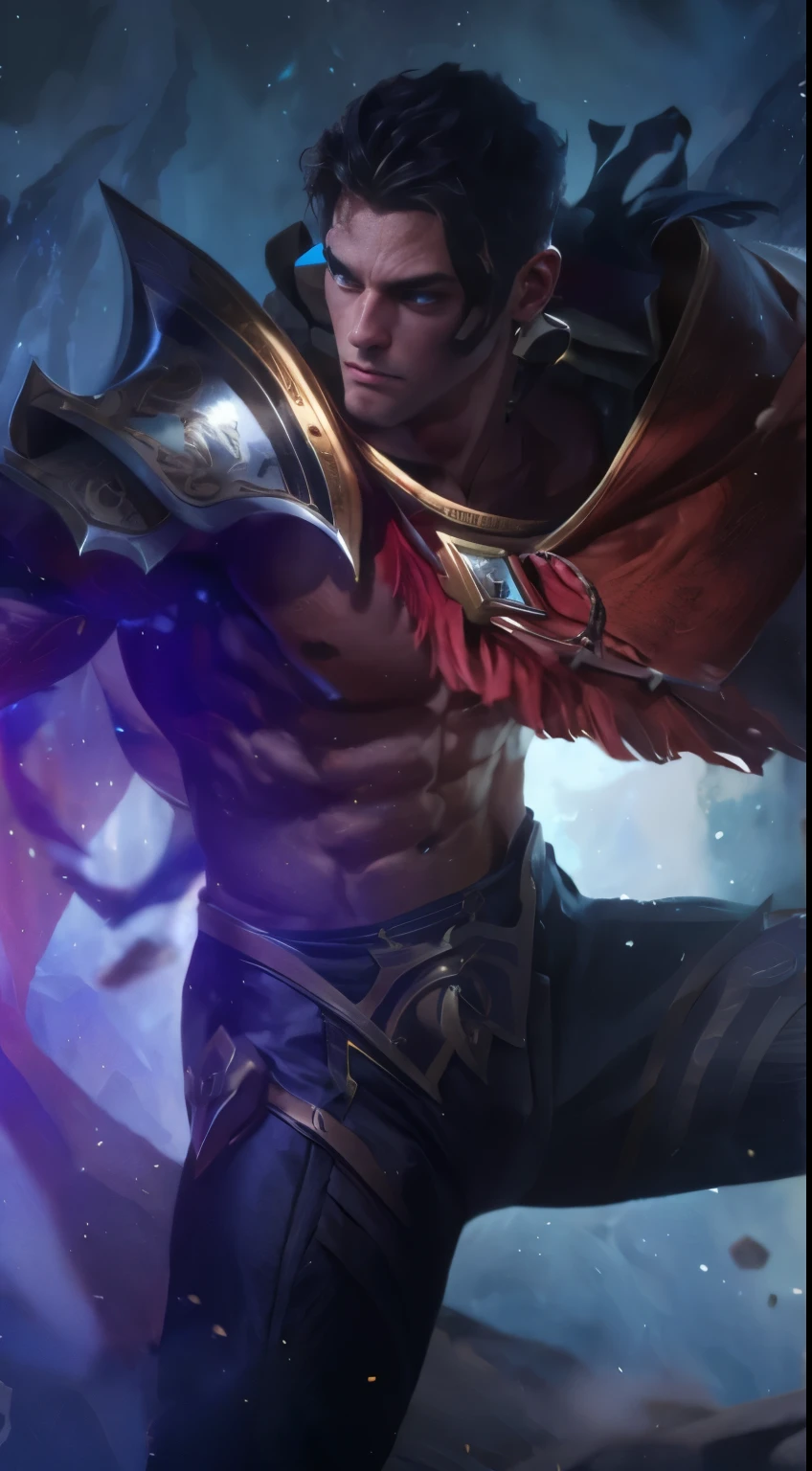 (Intricate Details, Masterpiece, Best Quality, High Resolution, 8k), (1man), (male:1.2), detailed eyes,finely detailed face, toned body, masculine appeal, commanding presence, bulging biceps and triceps, well-developed quadriceps and hamstrings, light skin, portrait, solo, half shot, detailed background, detailed face,finely detailed background, Depth of Field, VFX