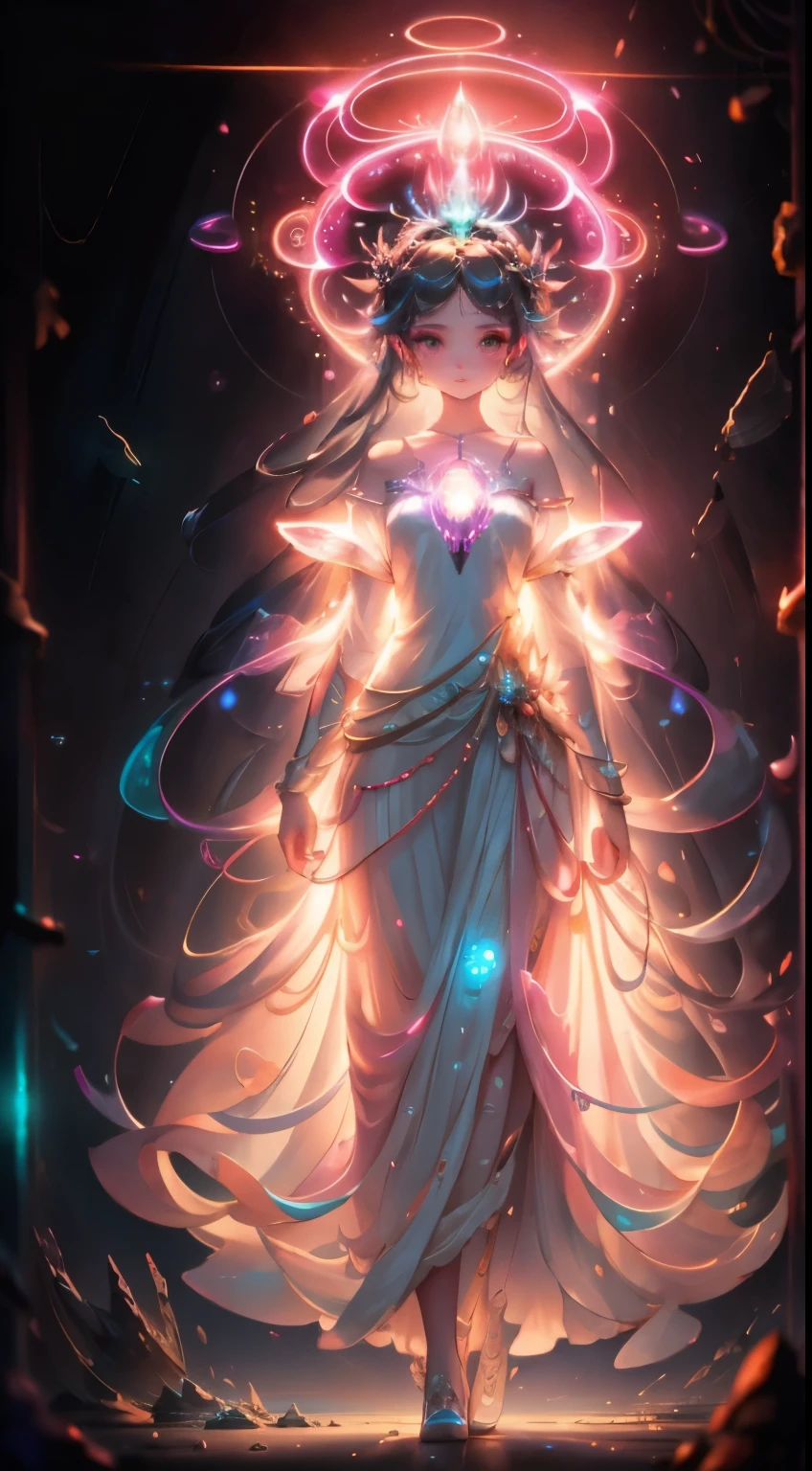 ((Bestquality)), ((A Masterpiece)), ((realisti)), portraits,1girle,full body portrait, celestial bodies, The god, a goddess, Light particles, Halo, looks at the viewer, Firm eyeare Shoulders, Chest tube parietal, Poker face,(bioluminescense:0.9 girls 5)Ocean, bioluminescense, full of energy, colorful,,,,, colour, (bioluminescence, bioluminescence),(Beautiful composition), Cinematic Lights, Wheels within wheels, (symmetric:0.5 girls), Whimsical,