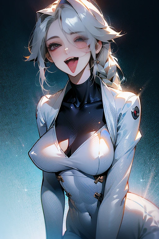 taller slim woman, (hair over one eye:1.3), (tareme:1.2), (open mouth wide:1.2), (tongue out:1.3), (laughing:1.2), (teeth fangs:1.2), (oral invitation:1.3), slender, well toned abs, (mekakure:1.3), (white suit:1.2), black shirt, white jacket, (white hair:1.2), voluminous messy hair, asymmetrical hair style, cyberpunk lighting, cinematic angle, Rule of thirds, Dramatic makeup, eye make up, mascara, eye liner, eye shadow, (evil grin:1.1), dynamic pose