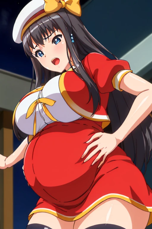 (Night:1.7),in front of a store, Standing at attention, red jacket , a red and white shirt,red skirt, short sleeves,thighhighs,white hat,puffy short sleeves, puffy sleeves, yellow bow, yellow neckwear, yellow ribbon, bangs, black hair, blue eyes,long hair,hair ornament, hairclip, 1 girl, 20yo,Young female,Beautiful Finger,Beautiful long legs,Beautiful body,Beautiful Nose,Beautiful character design, perfect eyes, perfect face,expressive eyes, looking at viewer, in the center of the image,(Upper_body),(Focus on her face), official art,extremely detailed CG unity 8k wallpaper, perfect lighting,Colorful, Bright_Front_face_Lighting,shiny skin, she is having contractions, bend over and holding her belly trying to endure the pain ,anime Pregnant Belly, Pregnant belly, holding belly, in pain face, labor contractions sweating, in pain, very bend down, open mouth, >oo<, pain face, giving birth (masterpiece:1.0),(best_quality:1.0), ultra high res,4K,ultra-detailed, photography, 8K, HDR, highres, absurdres:1.2, Kodak portra 400, film grain, blurry background, bokeh:1.2, lens flare, (vibrant_color:1.2) (Beautiful,large_Breasts:1.4), (beautiful_face:1.5),(narrow_waist),