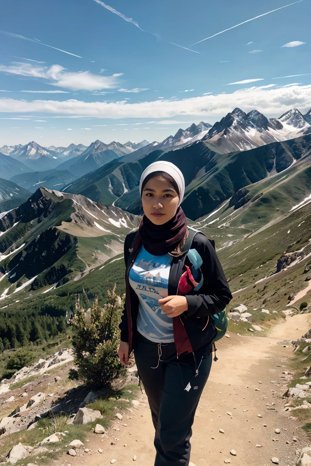 (masterpiece, top quality, 8K wallpaper, high resolution, ultra-realistic), 1 Malay girl, solo, full body, slim-thick figure: 1.1, beauty, beautiful face, beautiful eyes, detailed face, detailed eyes, detailed nose, detailed mouth, black eyes, looking at viewer, carrying a big backpack, mountain girl style, backpacker, mountaineer, mountain view from the top of the mountain, walking on the mountain trail, wearing modern hijab, wearing jacket over jacket, t-shirt, loose long pants, climbing, trekking boots, natural landscape photo; mountain climbing; spectacular summer mountain scenery with rugged mountain range in the distance, wonderful contrast of blue sky and white clouds.