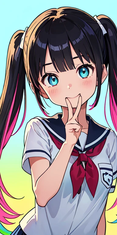 baby face, (colorful fluorescence multicolored  hair:1.5,short twintails:1.5), (masterpiece, sidelights, exquisite beautiful eyes: 1.5), masterpiece*portrait, realistic, ((Colorful background of different colors:1.5)),colorful,3D face,(cute face),front view: 1.6、 (glowing blue eyes),plump face:1.5,(tareme:1.5)、(laugh with your mouth wide open:1.2),()、Rosy Mouth,Slim Body, shiny hair, shiny skin: 1.5、medium breasts,、solo,(stand)、(high school girl,school uniform)、(charactor focus:1.5、portlate:1.5、eye focus:1.5,upper body),(cute pose:1.5)