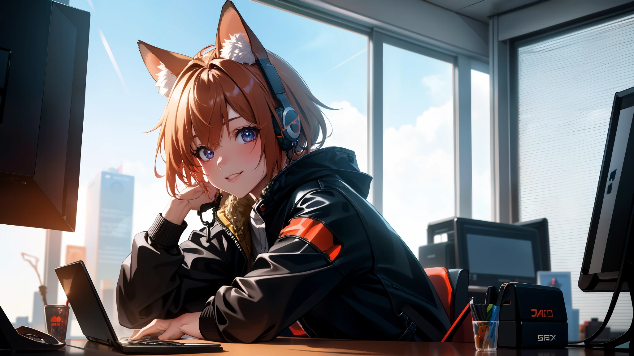 A Q-version of a cute red fox wearing headphones and sitting in front of the computer in the office. High-definition image of cute customer service., Using advanced macro photography technology、The hands are very detailed, sunlight, (blurred background), WLOP, art station, CG settings, concept art, CG settings, octane rendering, Estação Arte fashion trends, art stationHD, art station, 4k, 8K, masterpiece, better quality, Super detailed, expressive eyes.